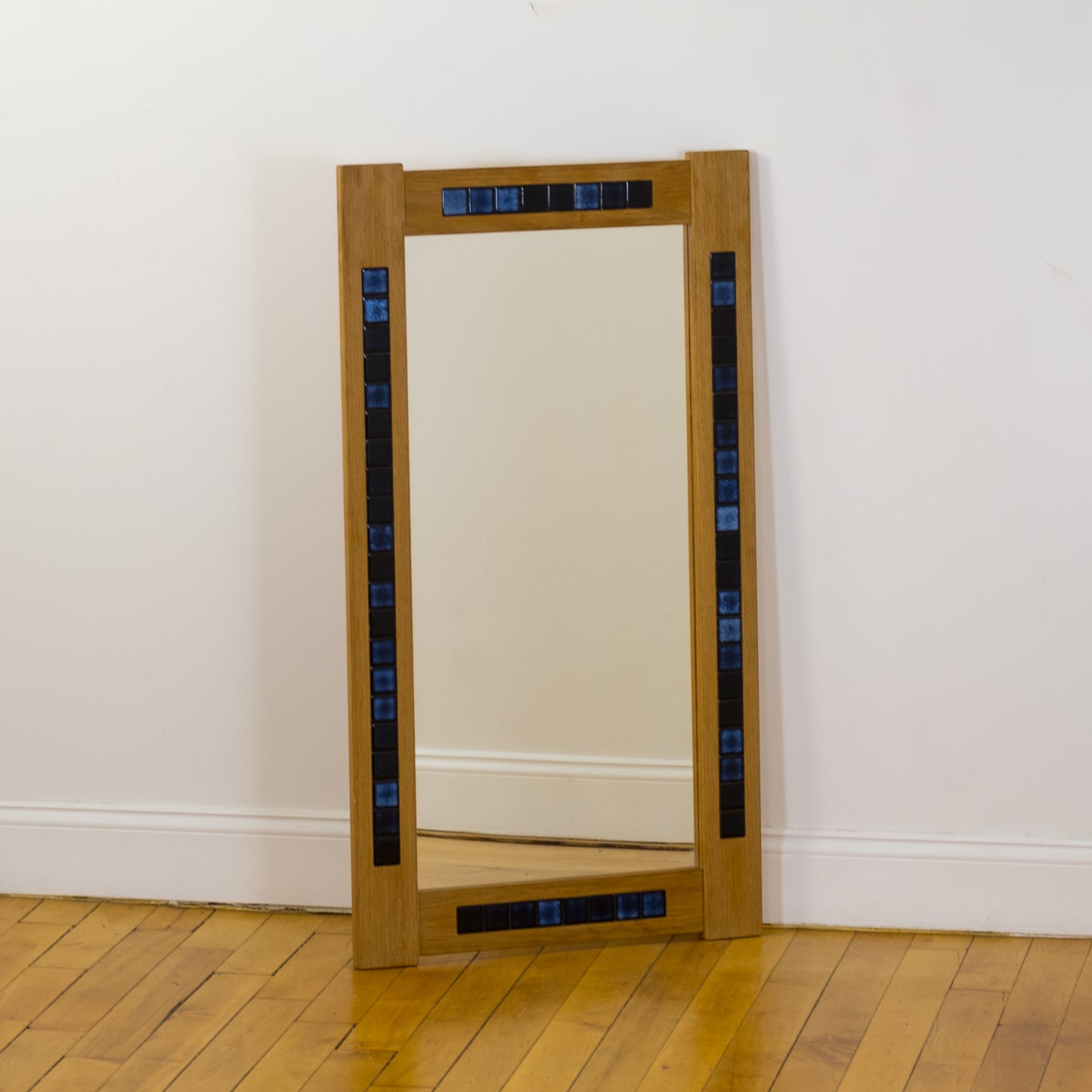 Danish Oak Mirror Inset with Blue Ceramic Tile c. 1970s