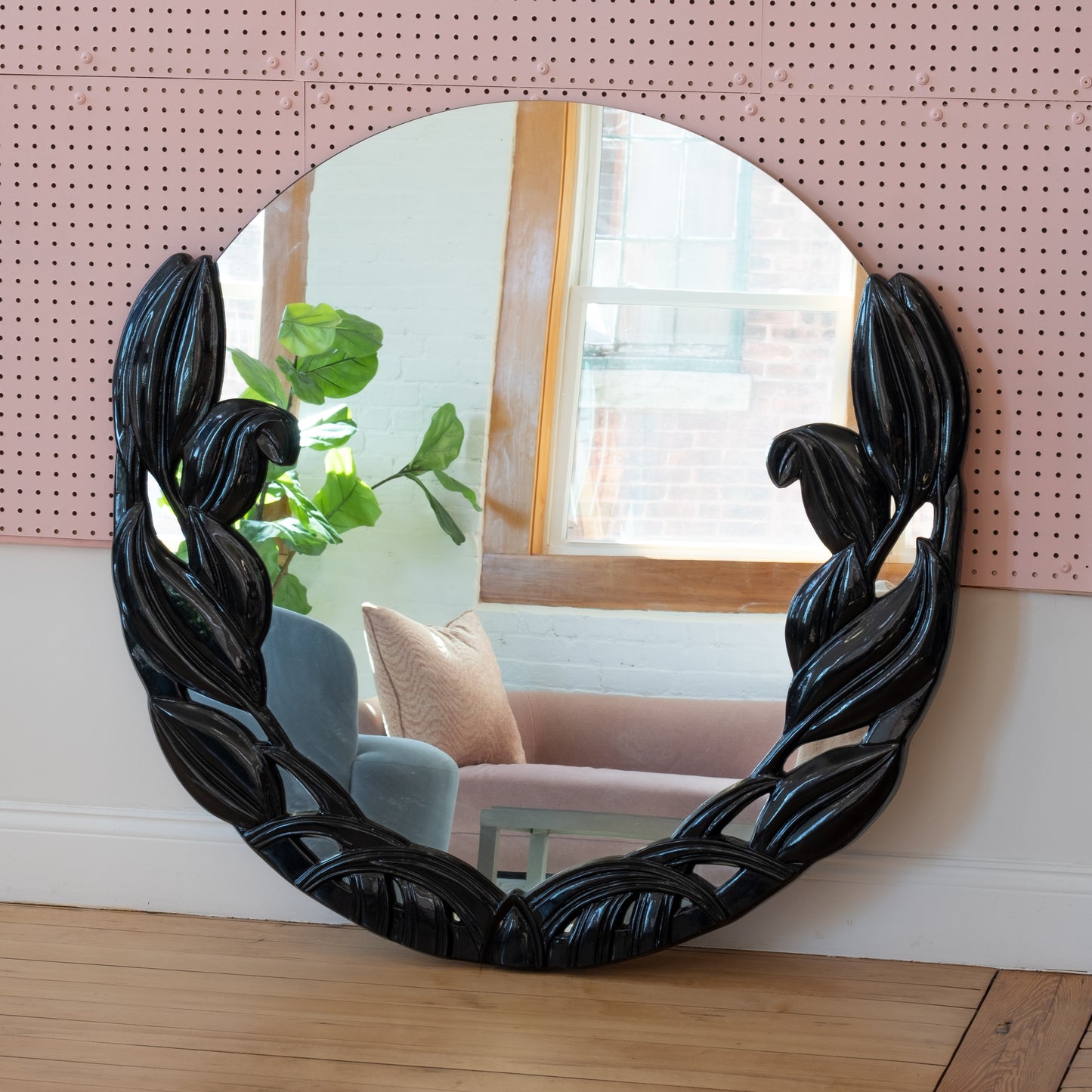 Vintage Round Black Lacquered Tulip Mirror