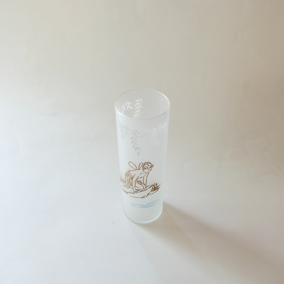 Set of 6 Vintage Frosted Highball Glass Tumblers with Gilded Fairy Motif by Libbey