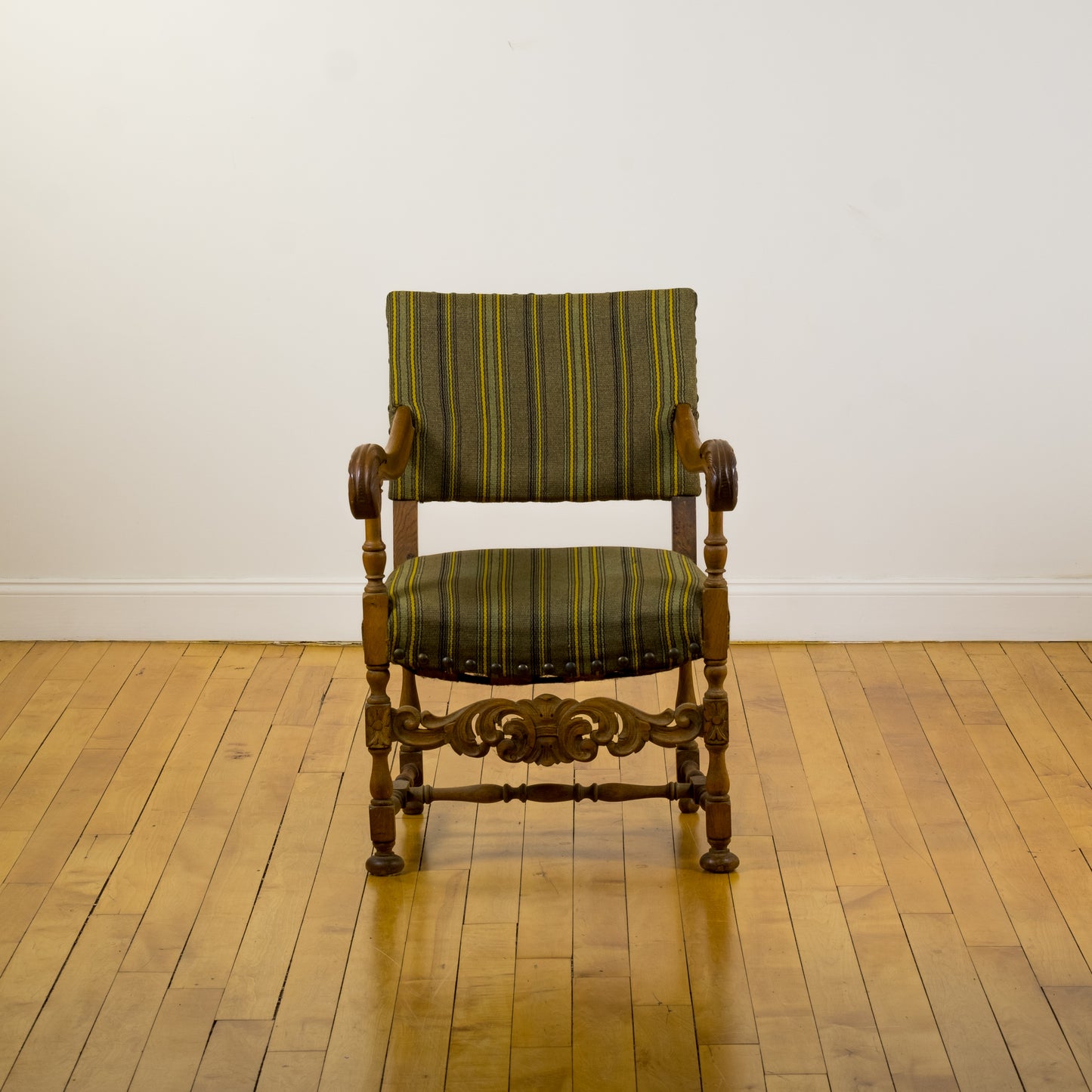 Baroque Revival Danish Armchair with Striped Wool Upholstery c. 1970s