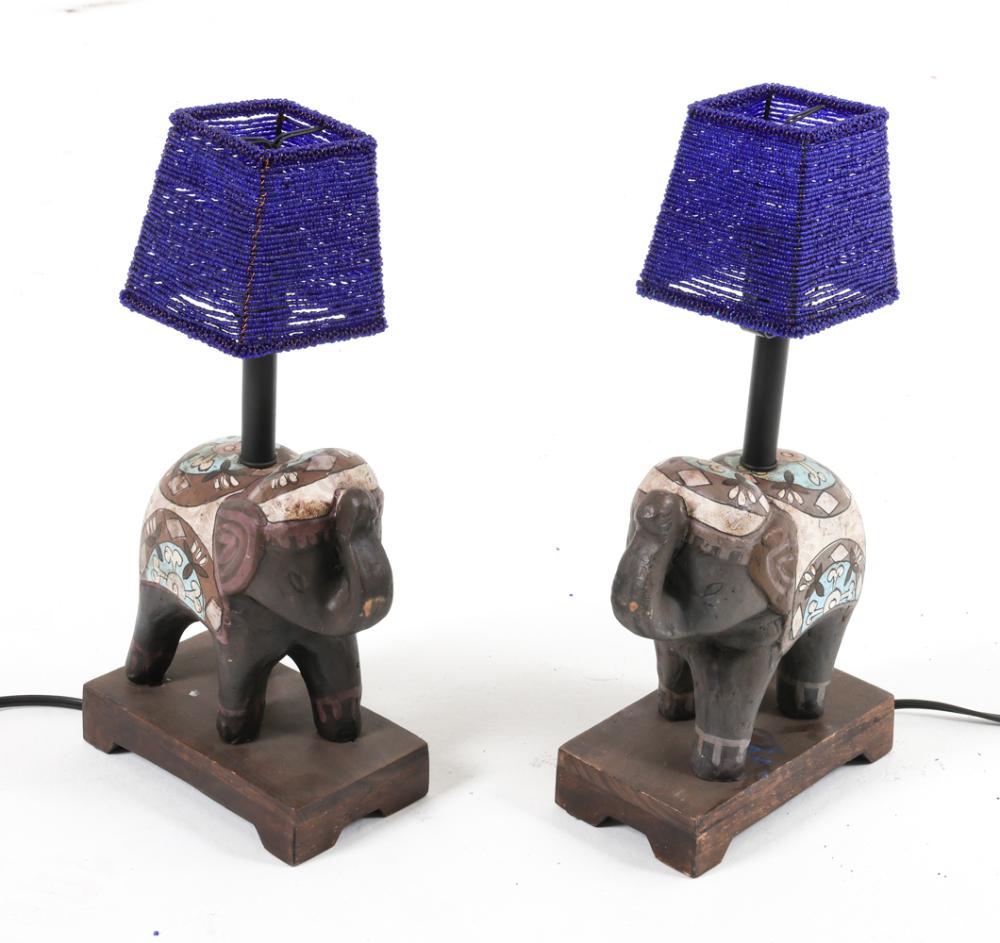 Pair of Indian Elephant Table Lamps with Beaded Shades