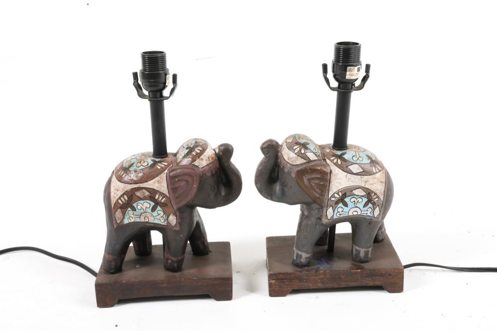 Pair of Indian Elephant Table Lamps with Beaded Shades