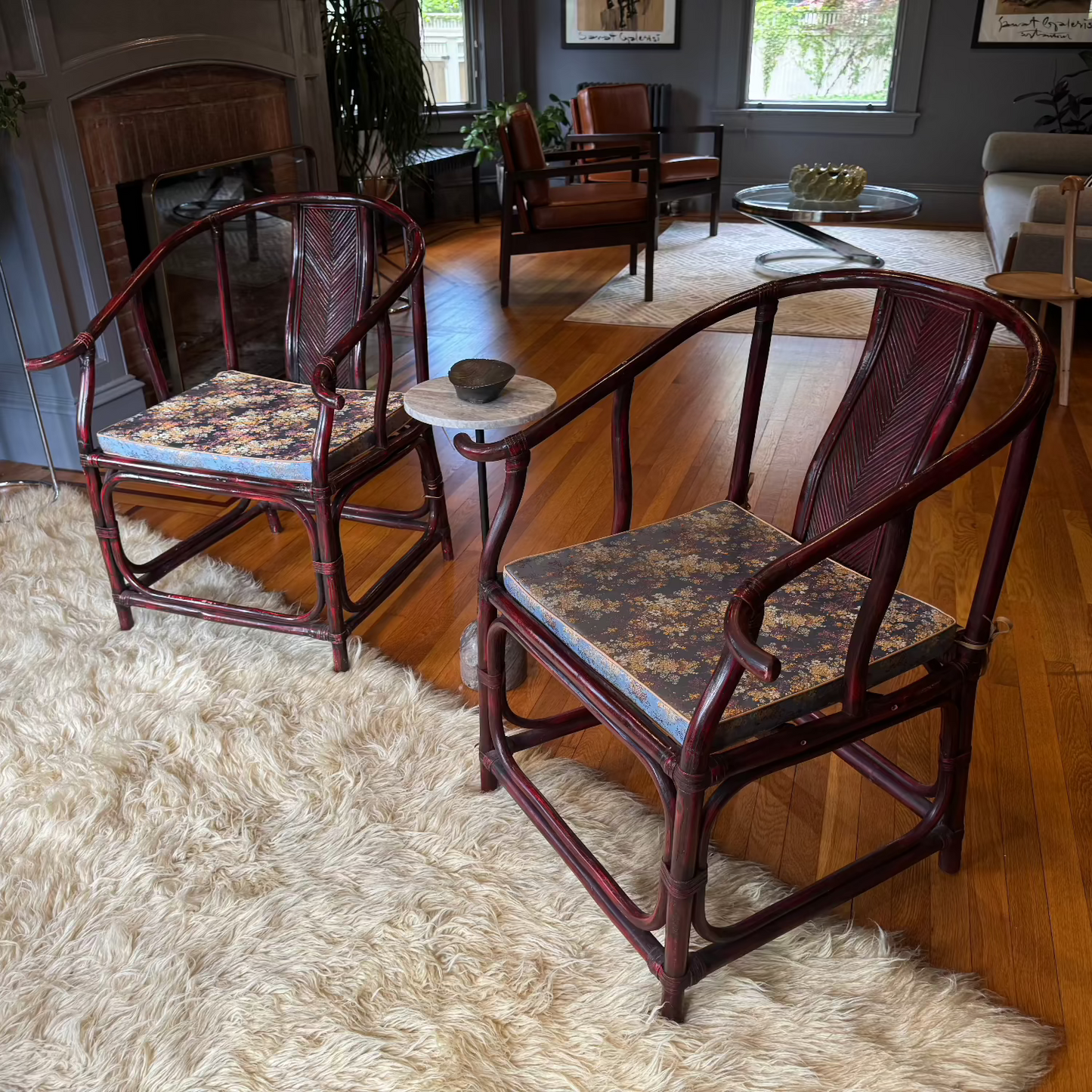 Vintage Chinoiserie Horseshoe Chairs with Blue Floral Satin Cushion (c.1970s)