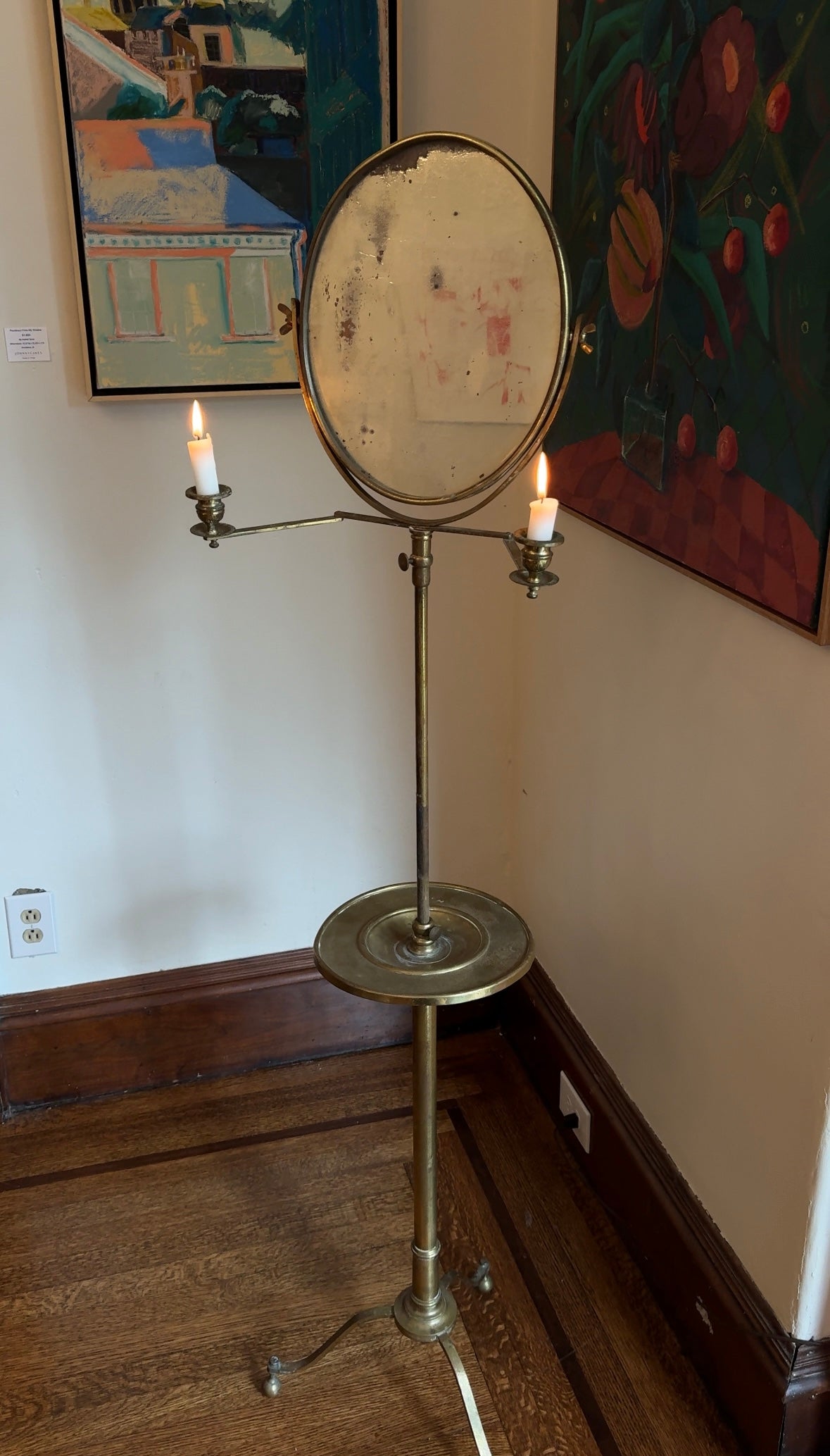 Antique Brass Shaving Mirror with Candleabra