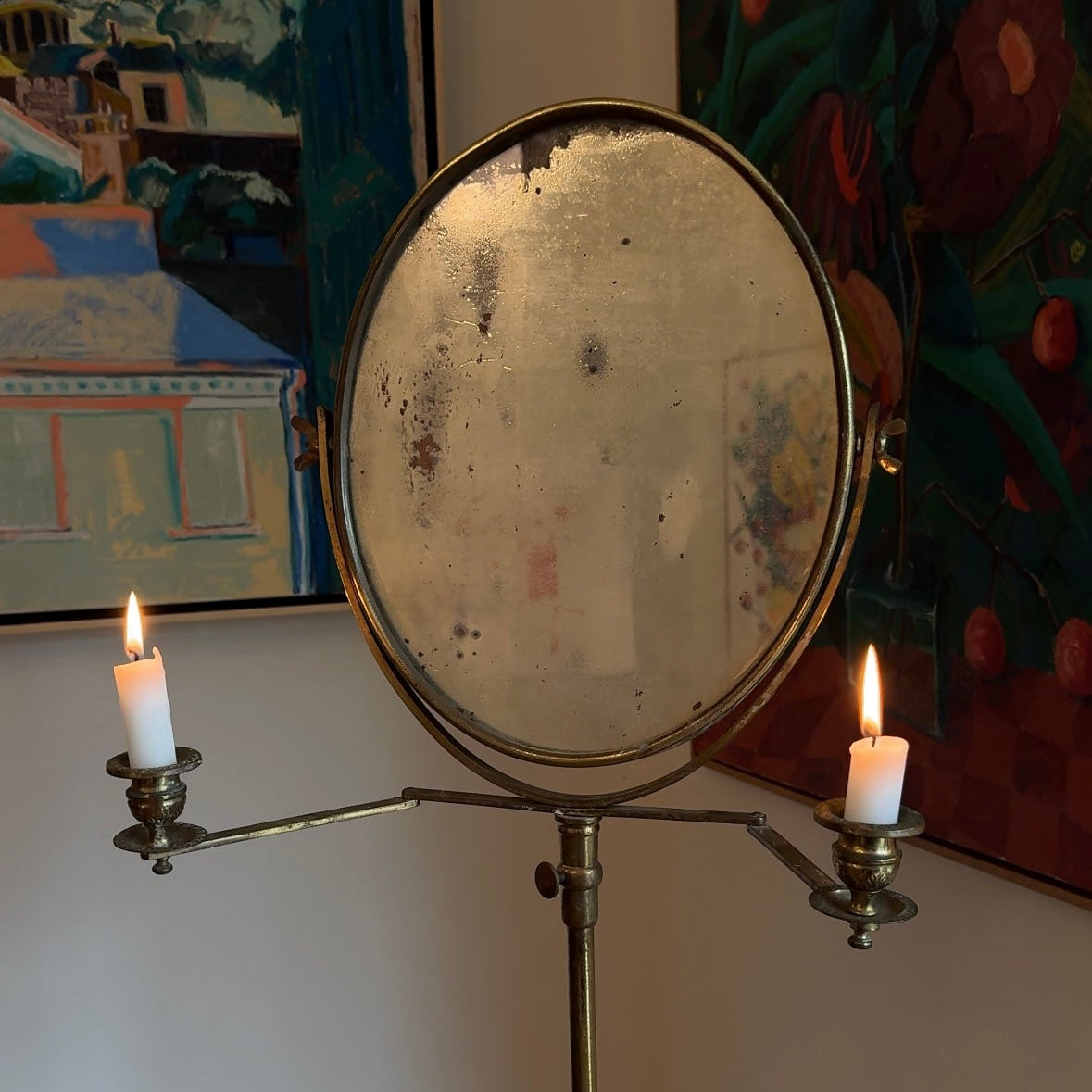 Antique Brass Shaving Mirror with Candleabra