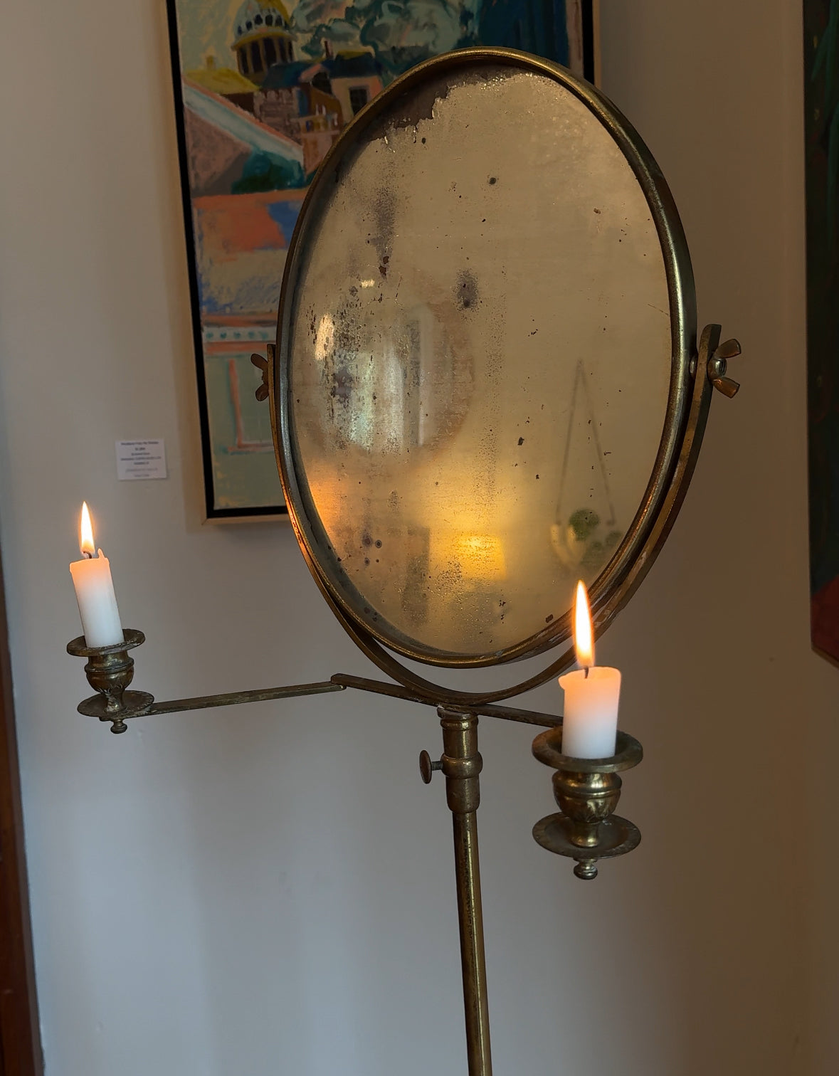 Antique Brass Shaving Mirror with Candleabra