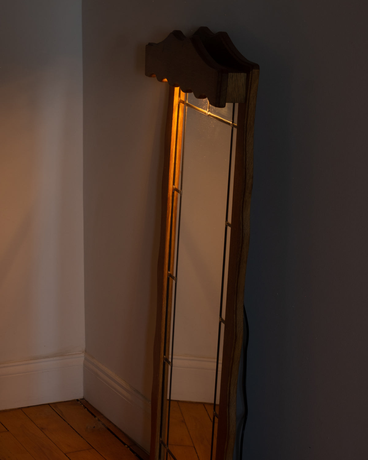Illuminated Danish Oak Leaded Glass Mirror
