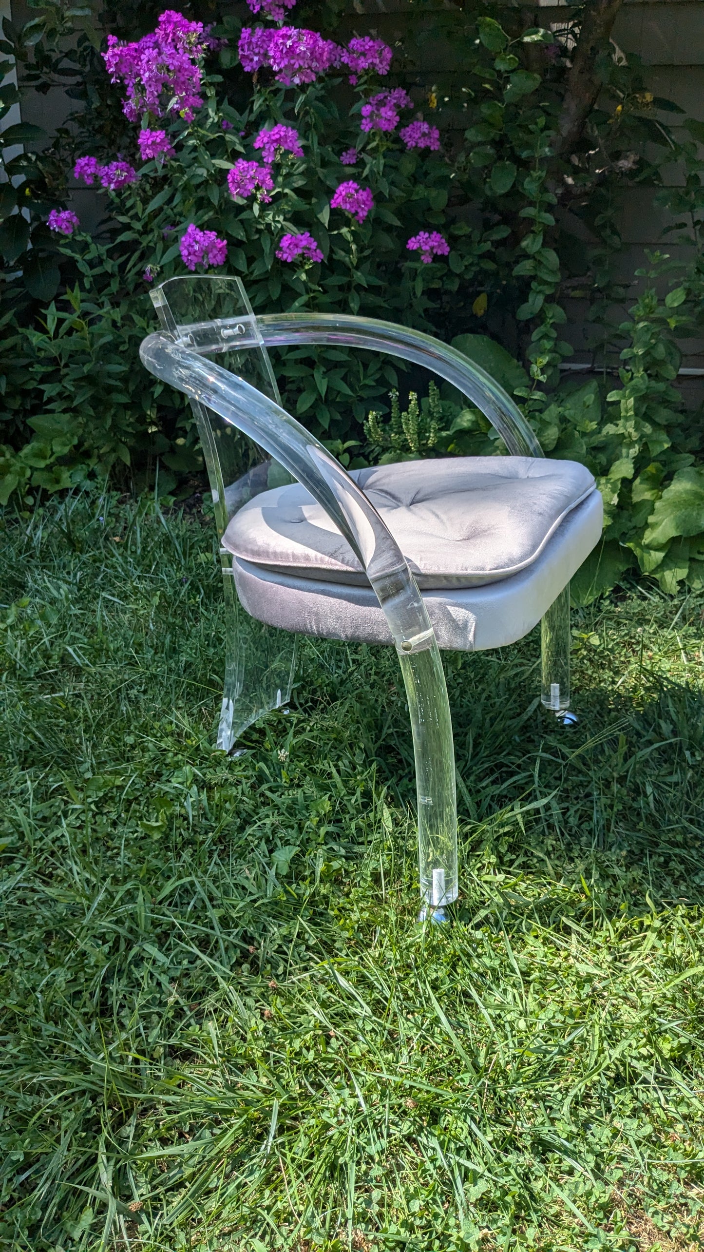Lucite Velvet Upholstered Waterfall Armchairs