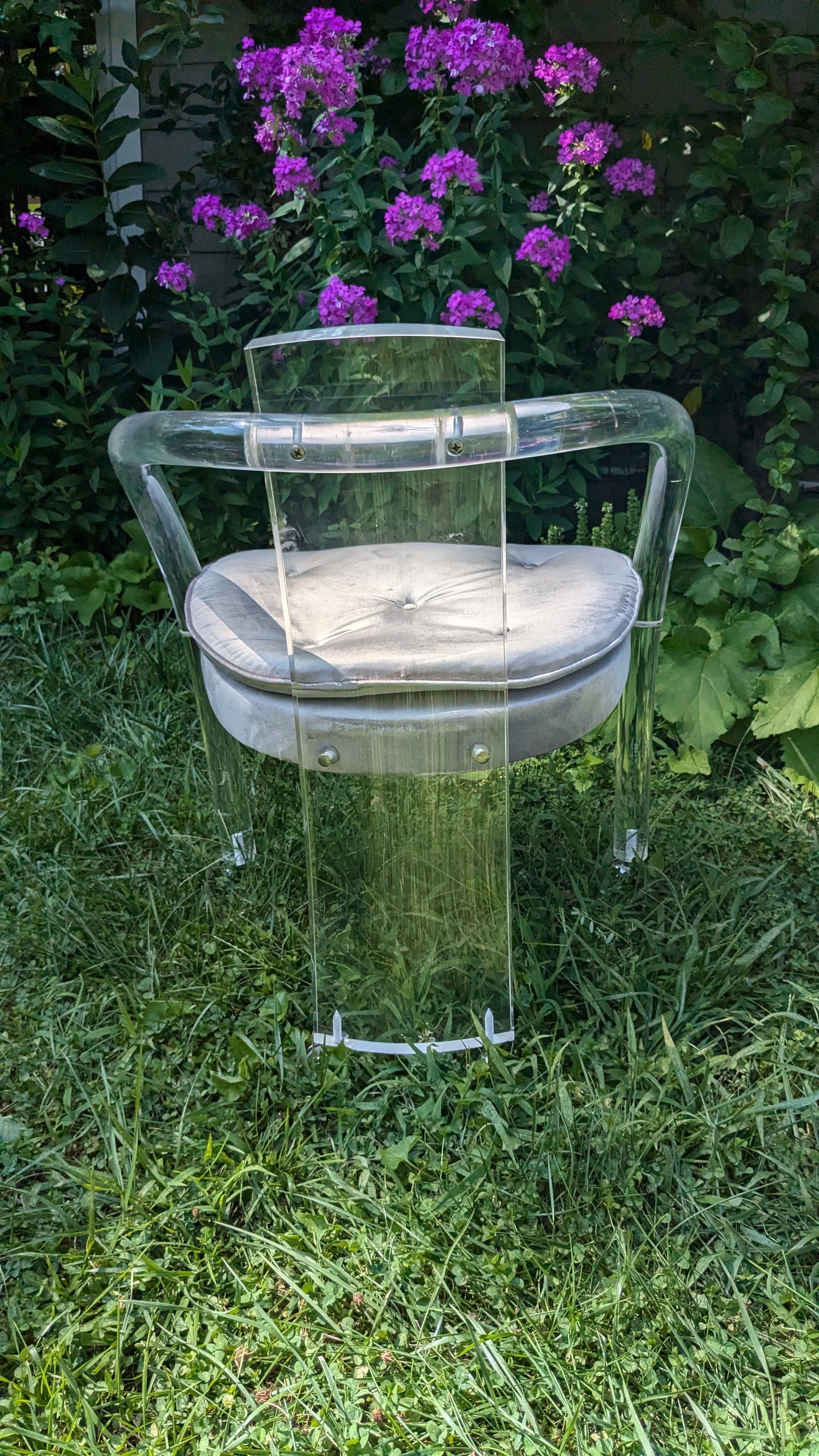 Lucite Velvet Upholstered Waterfall Armchairs