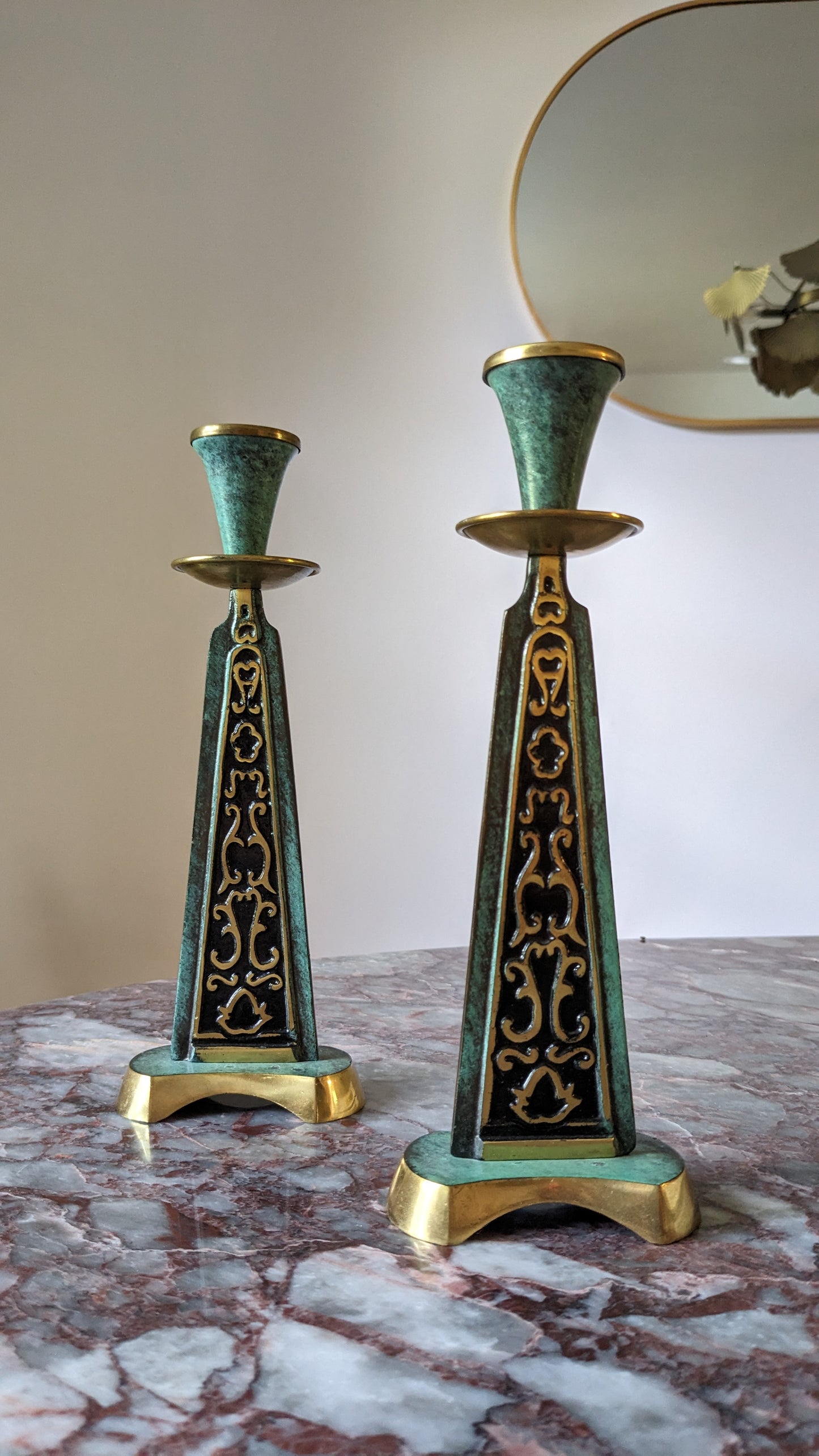 Verdigris Brutalist Candlestick Holders