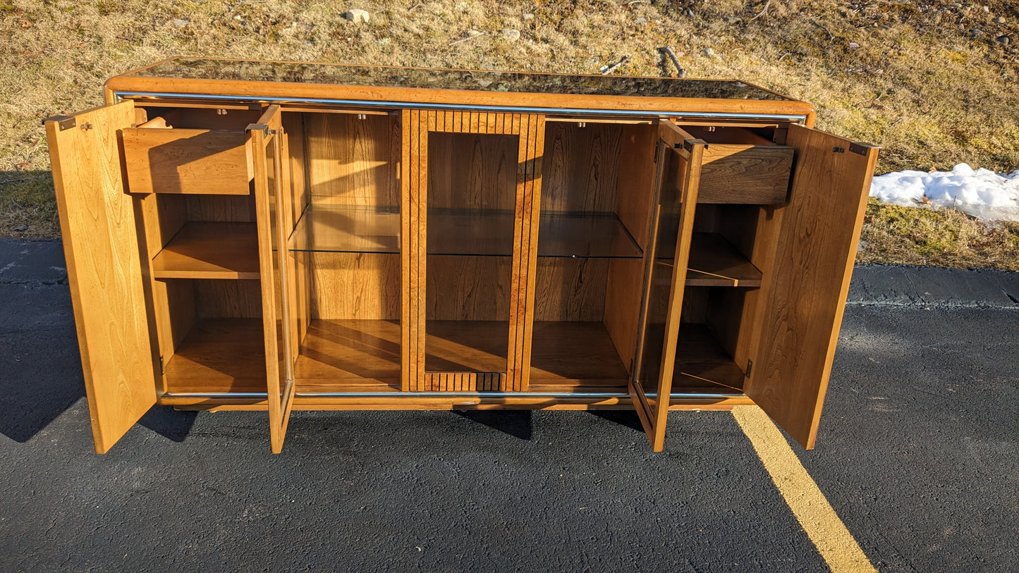 Vintage American Of Martinsville Lighted Burlwood & Oak Credenza