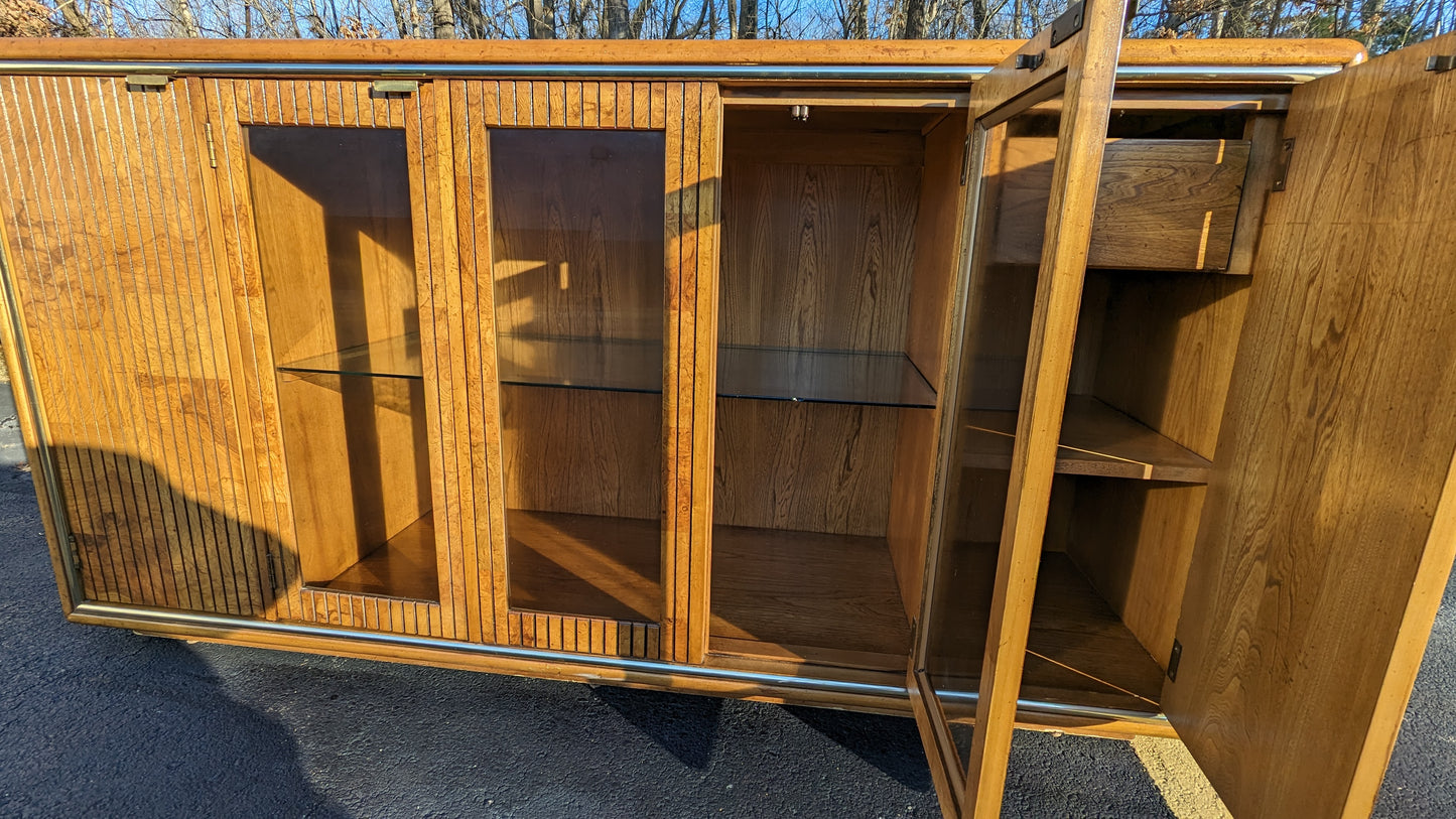 Vintage American Of Martinsville Lighted Burlwood & Oak Credenza