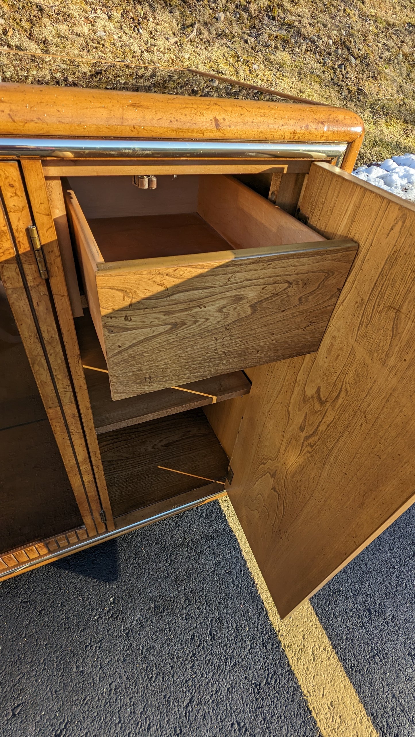 Vintage American Of Martinsville Lighted Burlwood & Oak Credenza