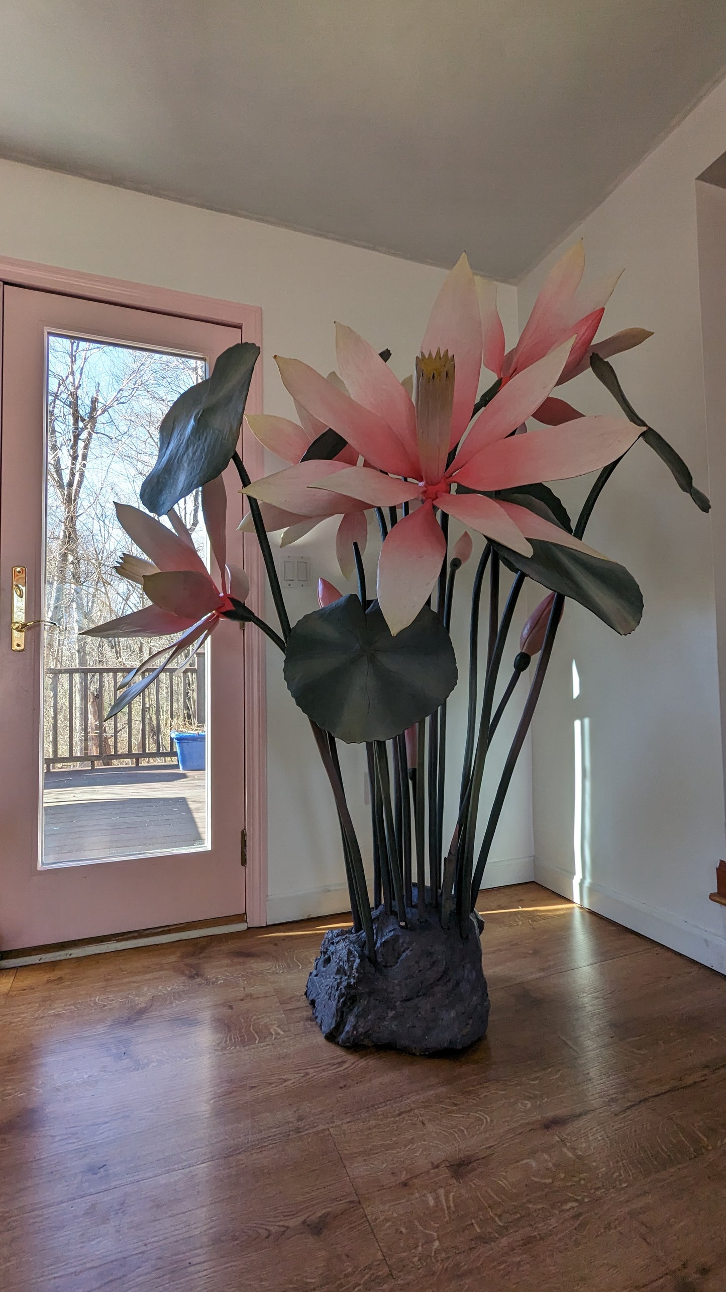 Giant Pink Lily Carved Wood Sculpture Art