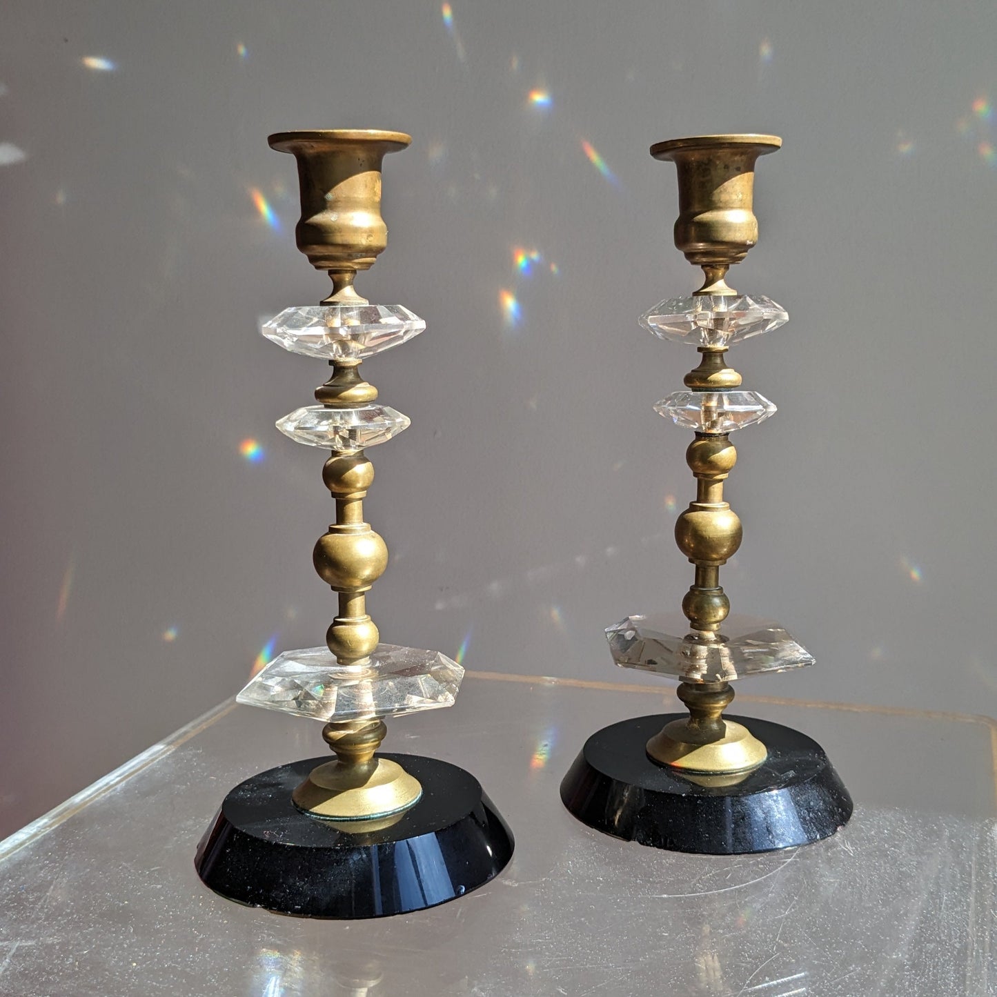 Glass & Brass Faceted Candleholders