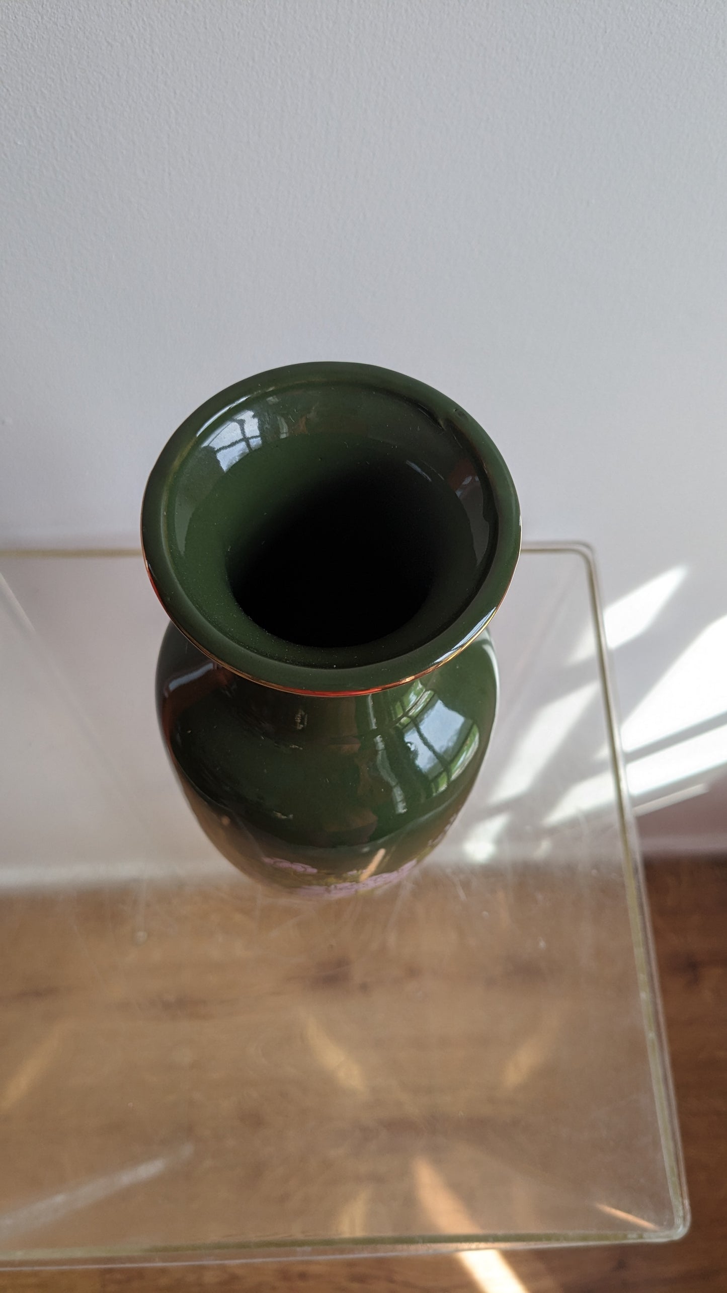 Green Japanese Katani Vase with Chrysanthemums