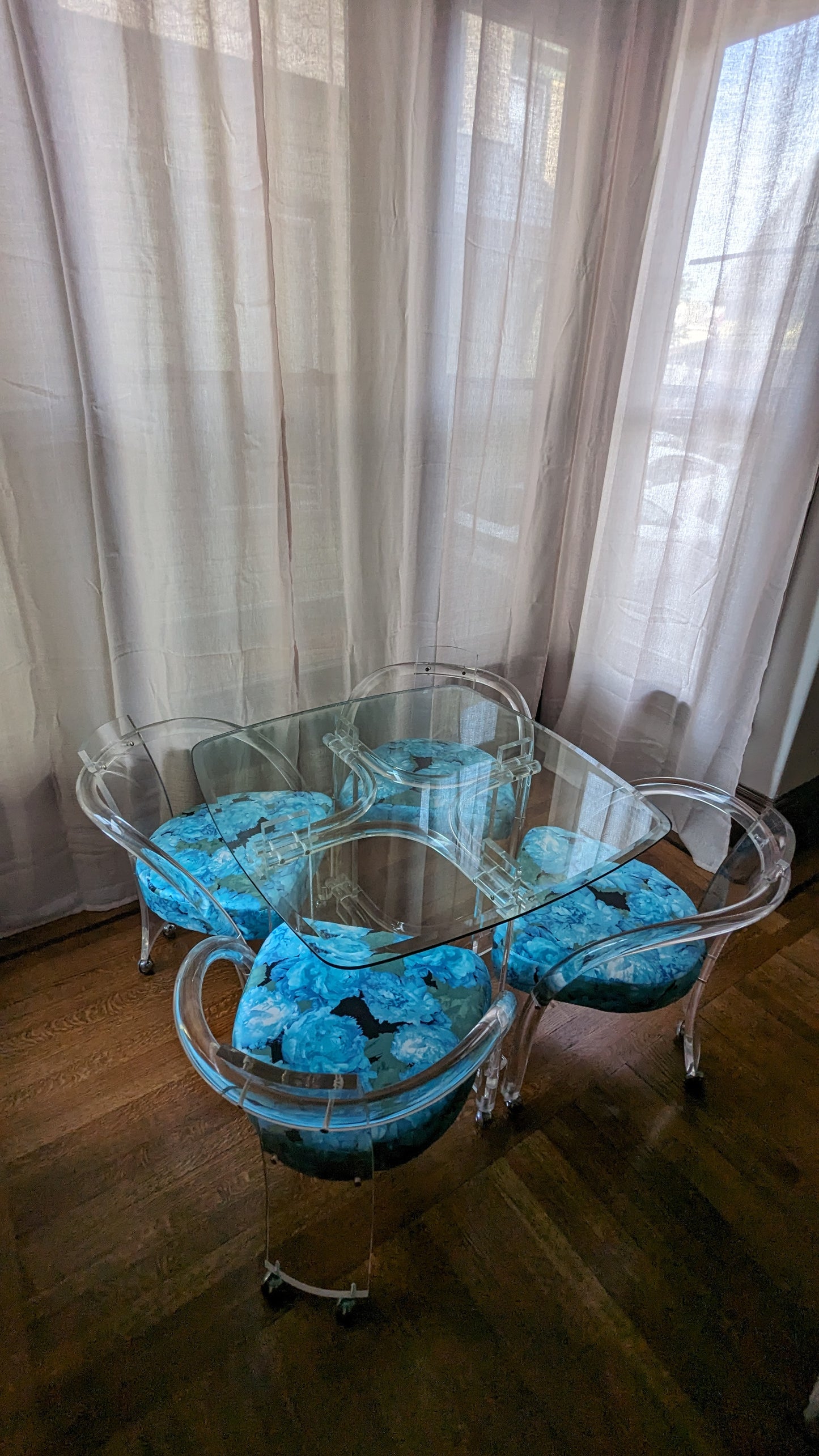 Vintage Blue Floral Lucite Chairs (set of 4) + Table