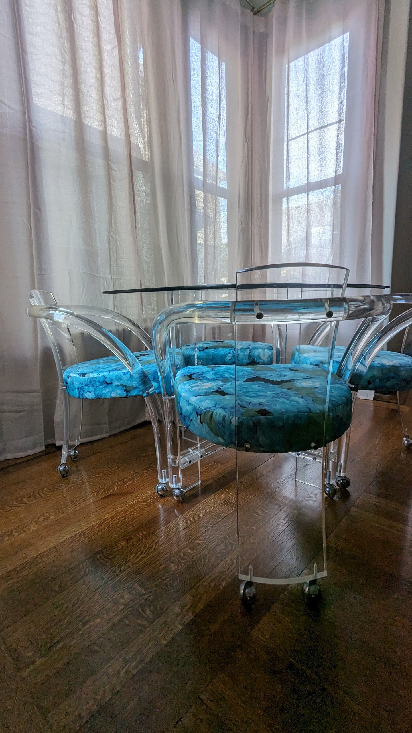 Vintage Blue Floral Lucite Chairs (set of 4) + Table