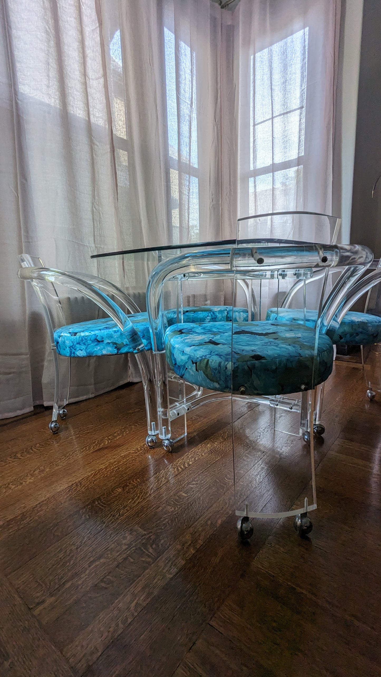 Vintage Blue Floral Lucite Chairs (set of 4) + Table