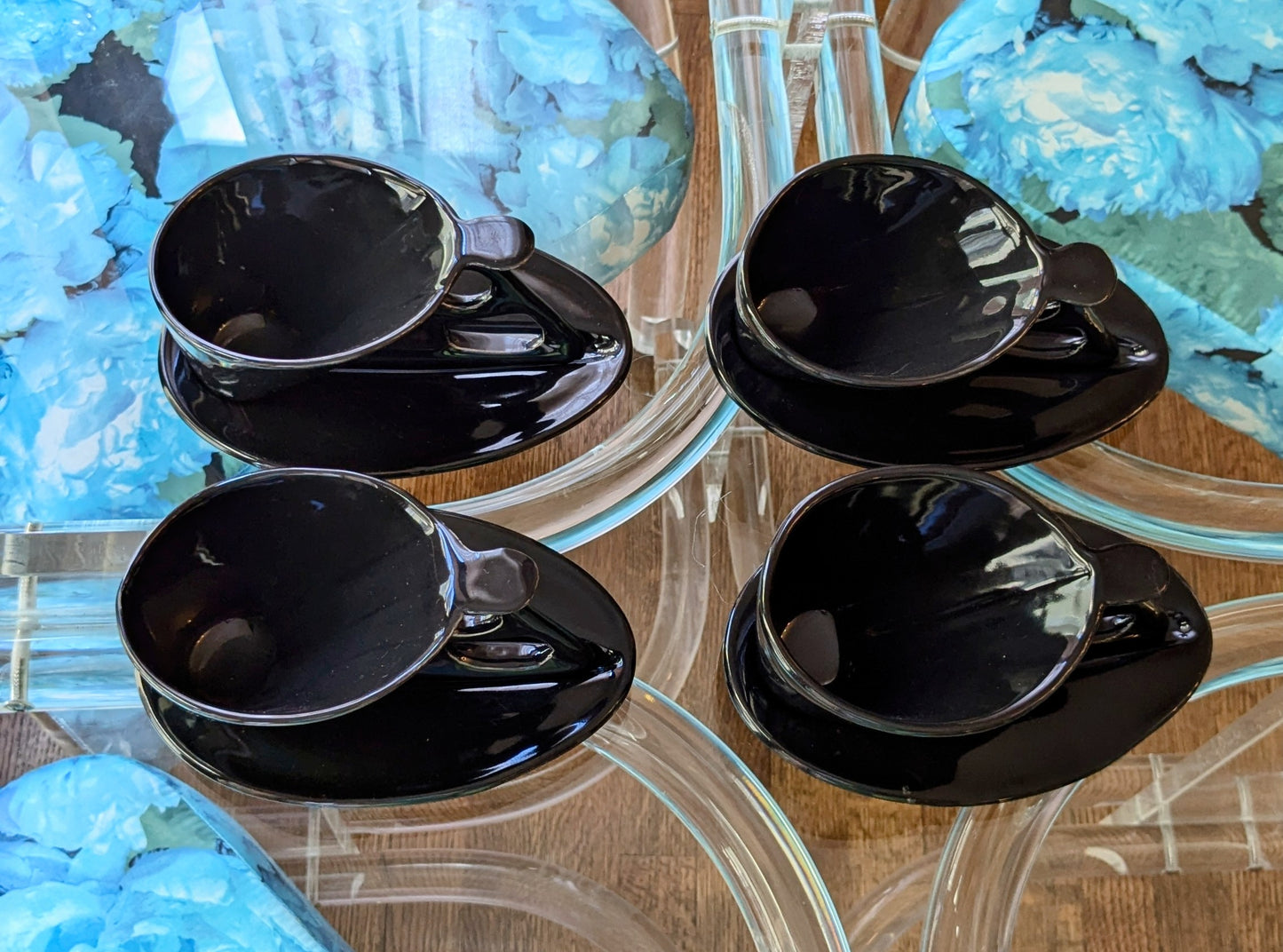 Postmodern Ceramic Black Cups and Saucers by Charles Nalle