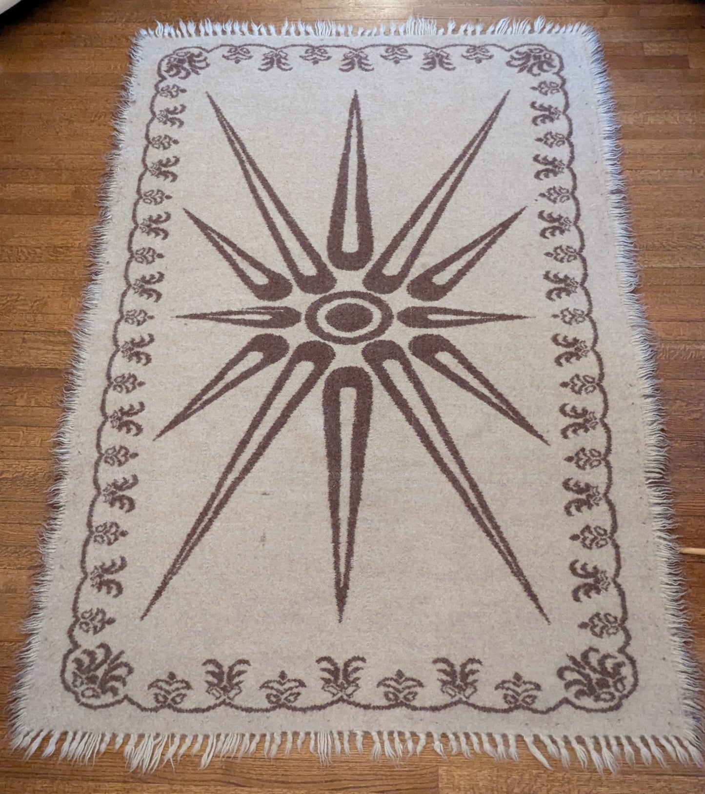 Cream & Brown Felted Wool Reversible Rug With Sun Motif