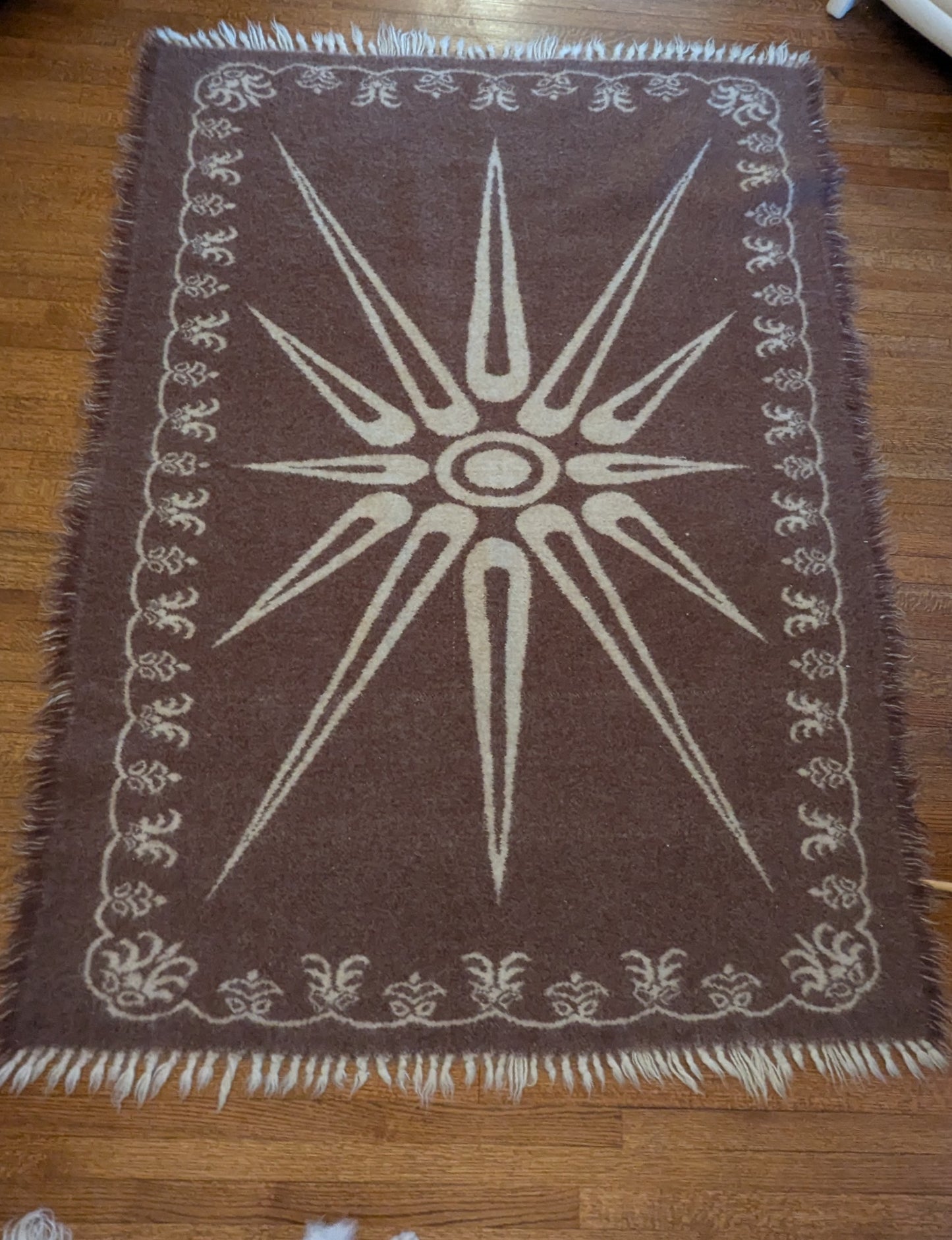 Cream & Brown Felted Wool Reversible Rug With Sun Motif