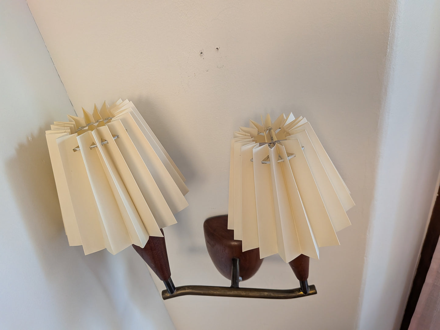 Danish Teak and Brass Double Arm Wall Sconce with Pleated Fan Shades (c. 1960s)