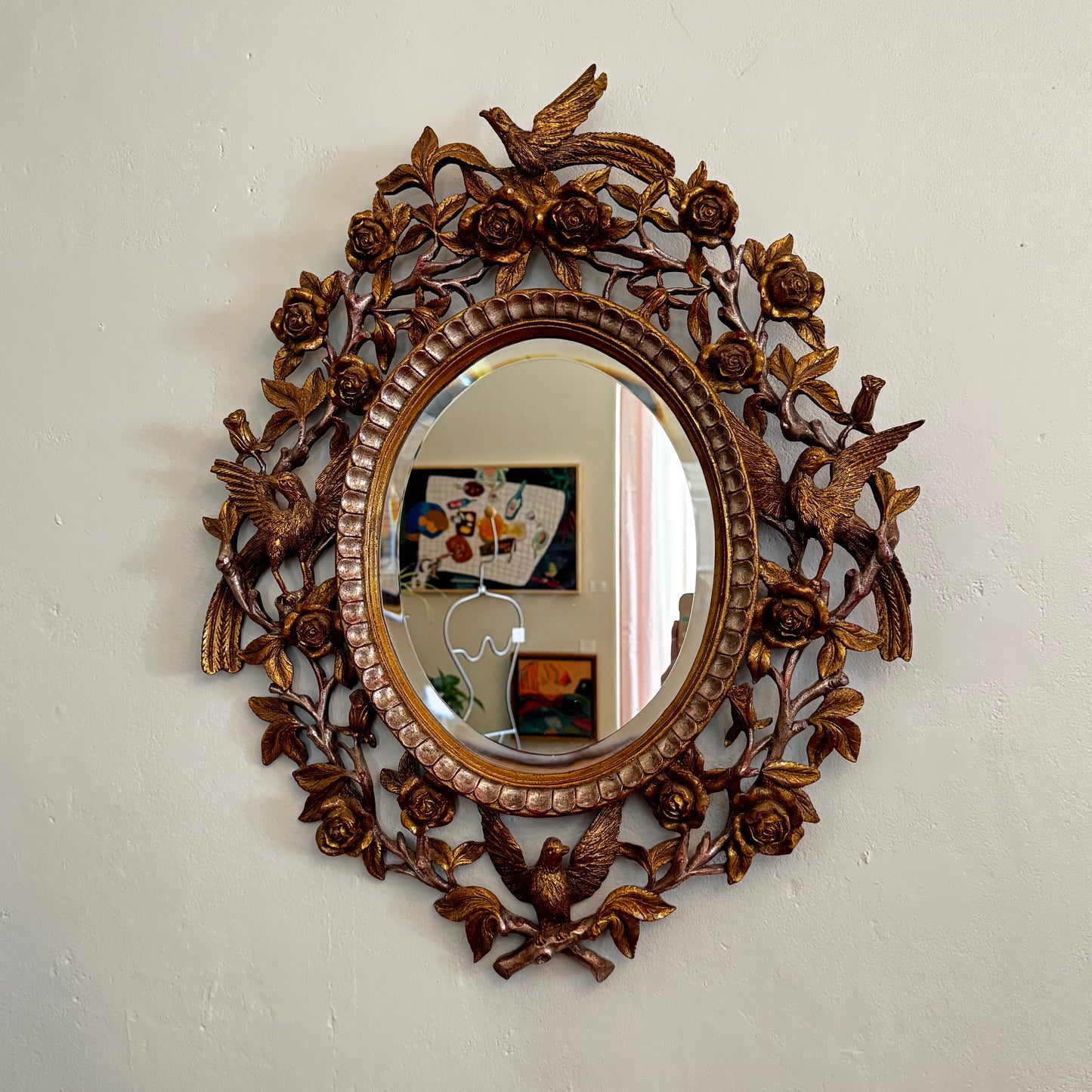Gilded French Baroque Mirror with Birds and Florals