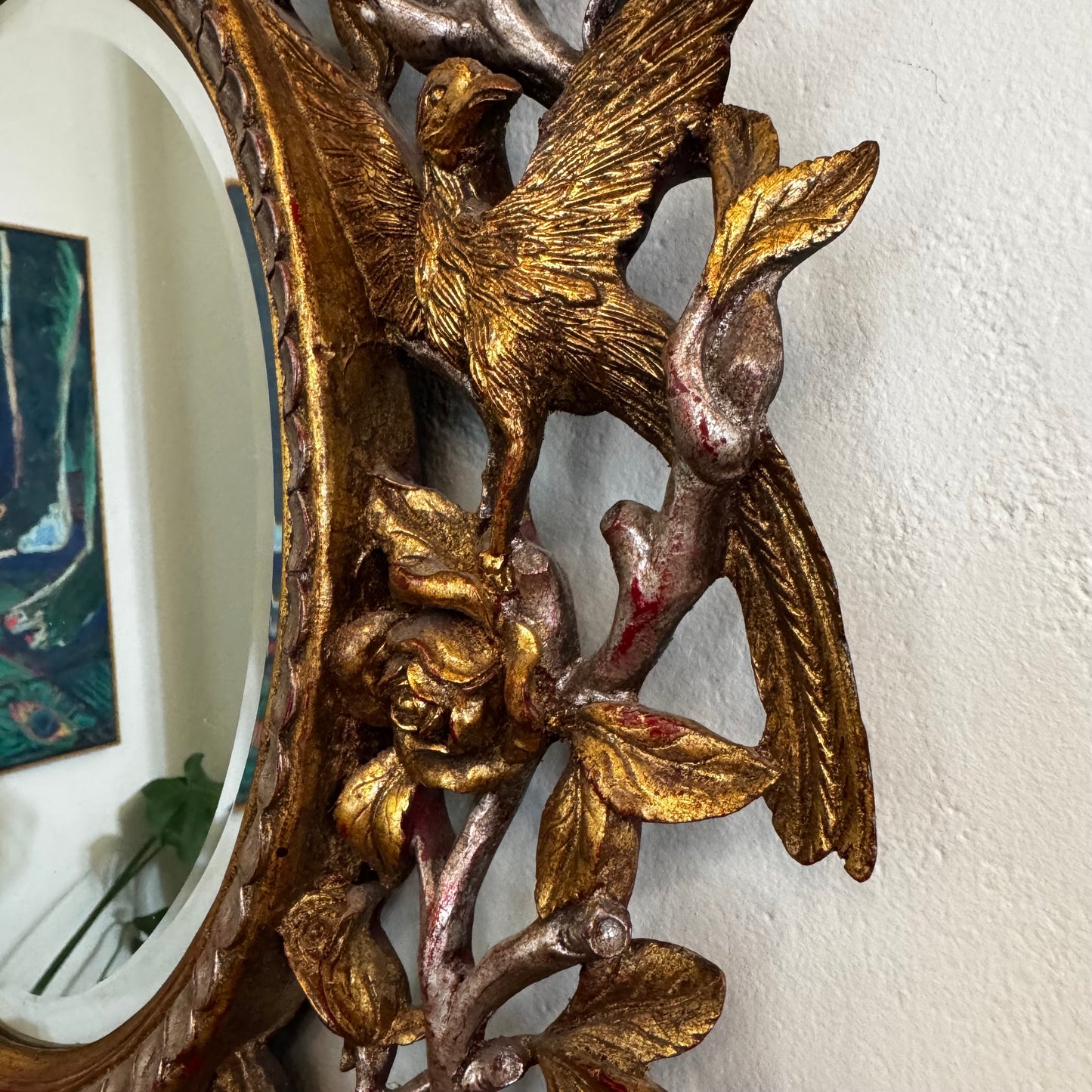 Gilded French Baroque Mirror with Birds and Florals
