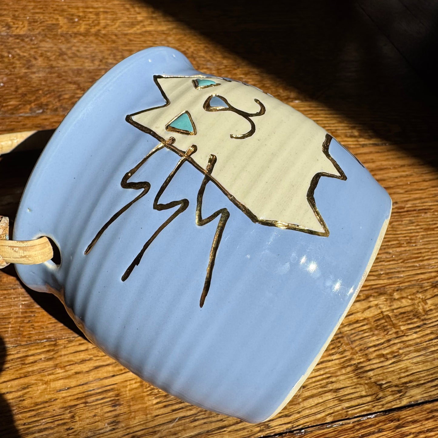 Ceramic Cat Basket with Wooden Handle