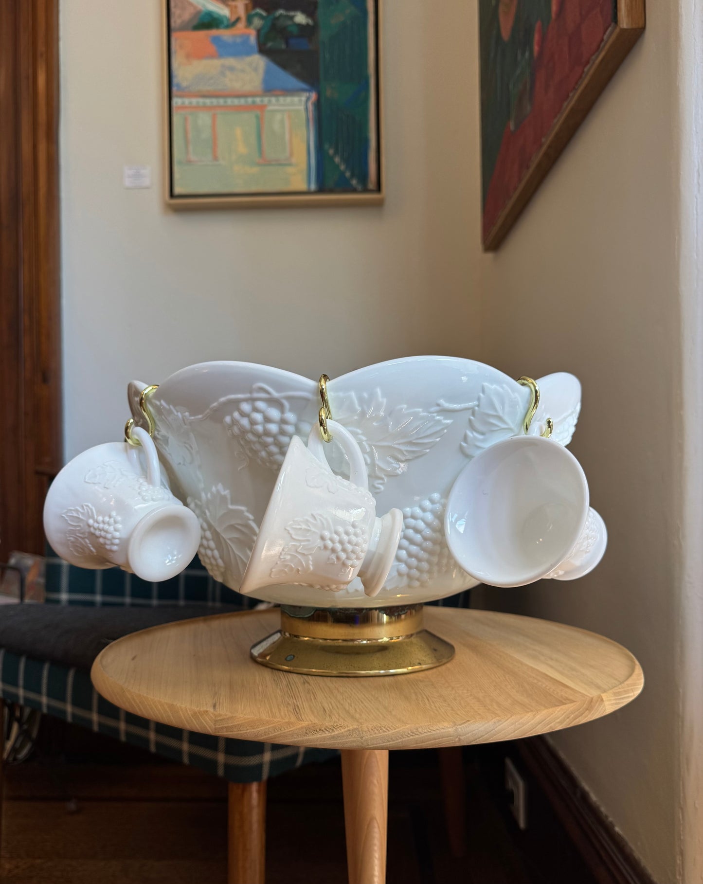 White Grape Relief Punch Bowl with 6 Tea Cups