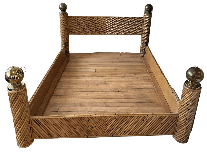 1980s Pencil Reed and Brass Queen Bed Frame Attributed to Marcello Mioni