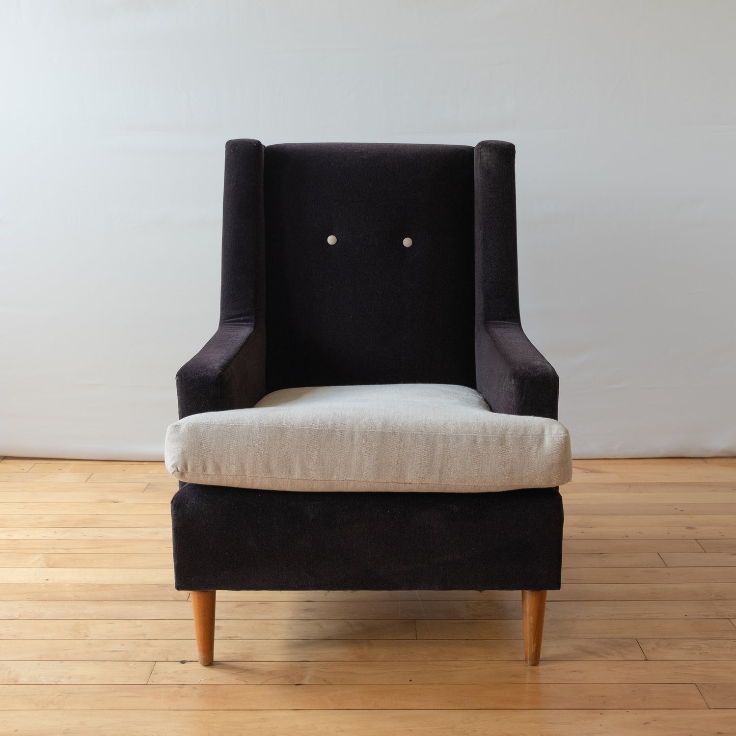 Pair of Mid-Century Black Mohair Tuxedo Armchairs with Tan Linen Seats