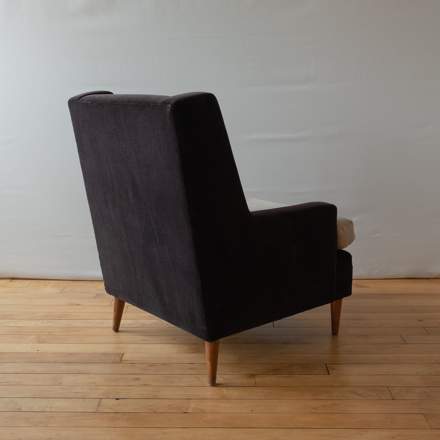 Pair of Mid-Century Black Mohair Tuxedo Armchairs with Tan Linen Seats
