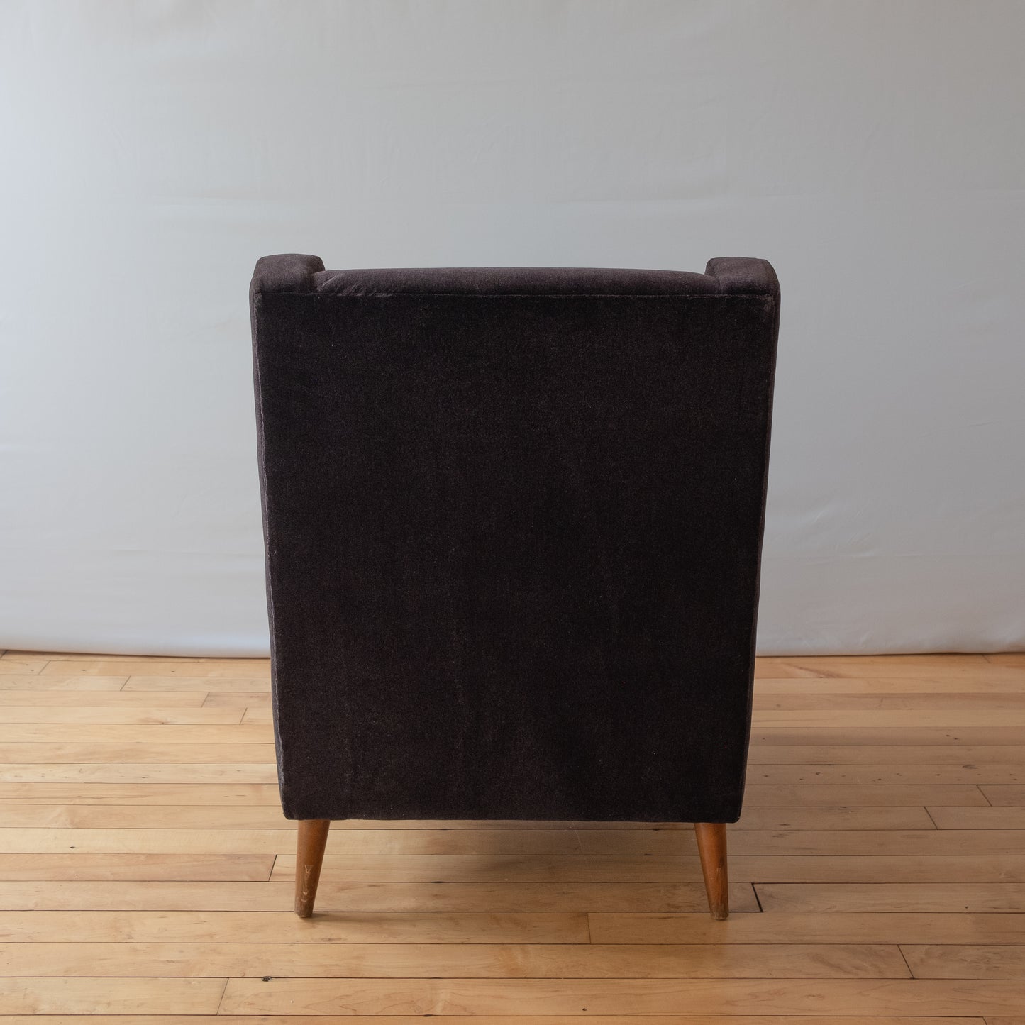 Pair of Mid-Century Black Mohair Tuxedo Armchairs with Tan Linen Seats