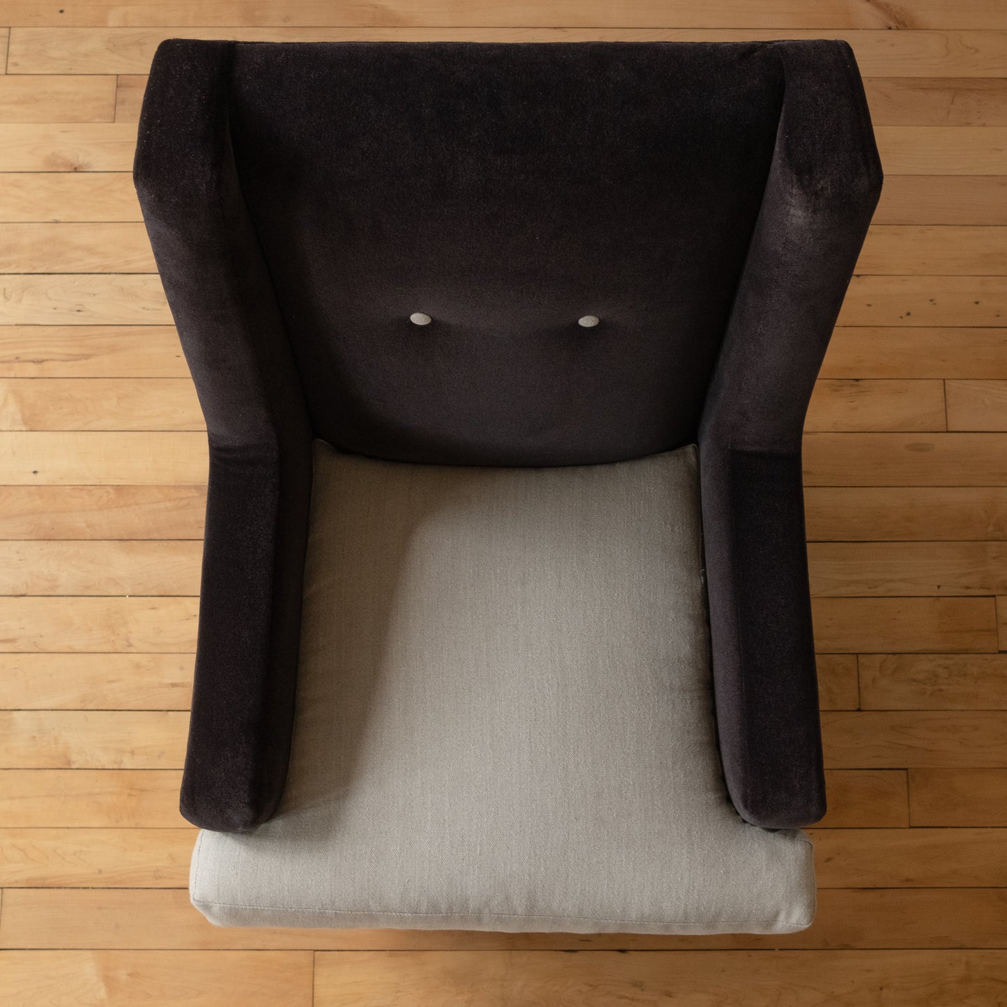 Pair of Mid-Century Black Mohair Tuxedo Armchairs with Tan Linen Seats