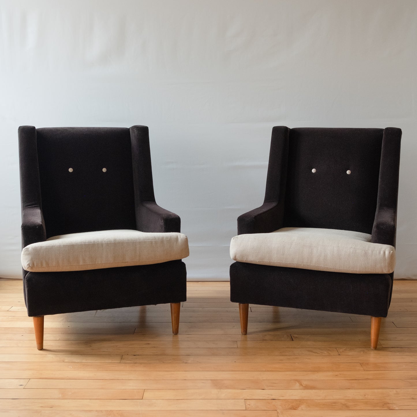 Pair of Mid-Century Black Mohair Tuxedo Armchairs with Tan Linen Seats