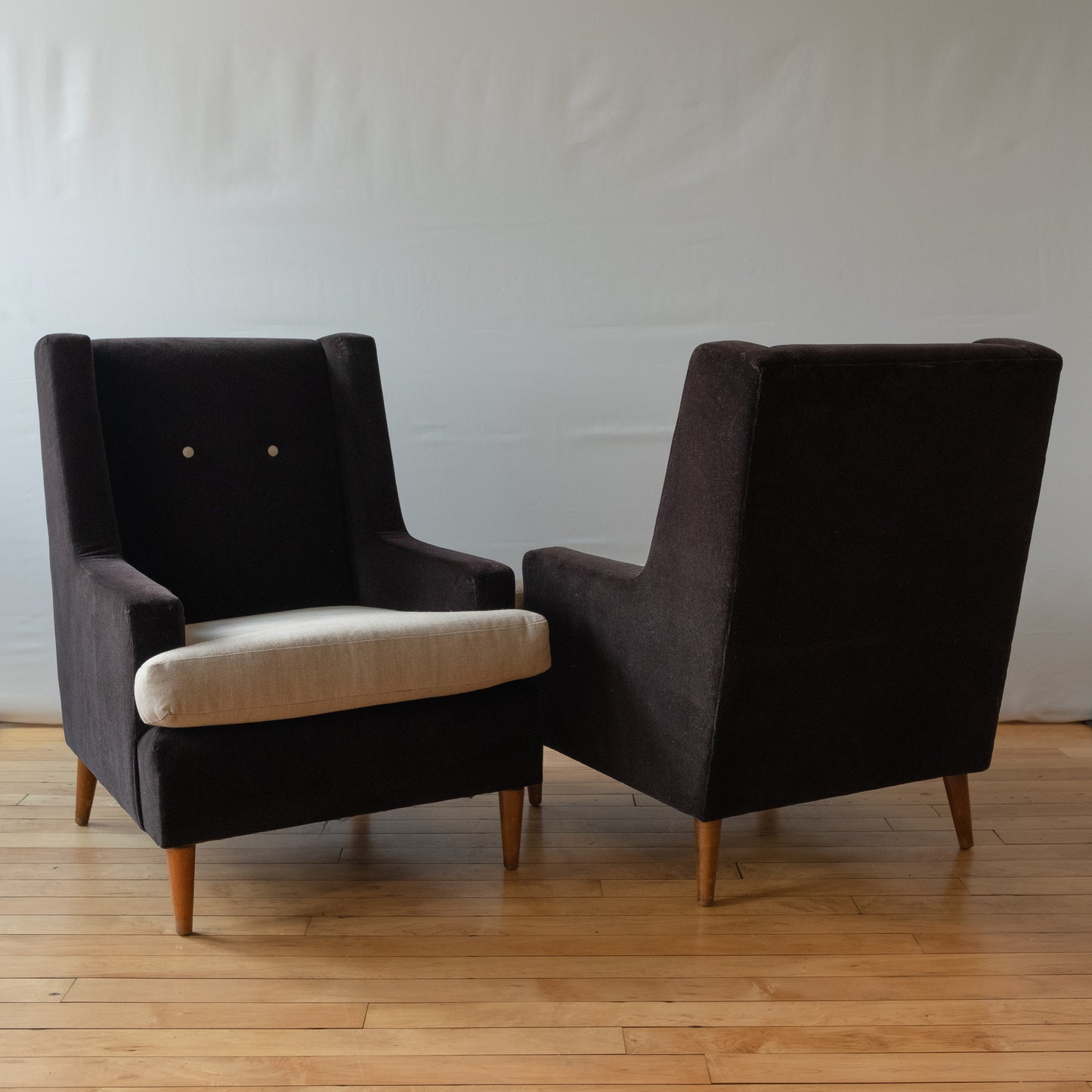 Pair of Mid-Century Black Mohair Tuxedo Armchairs with Tan Linen Seats