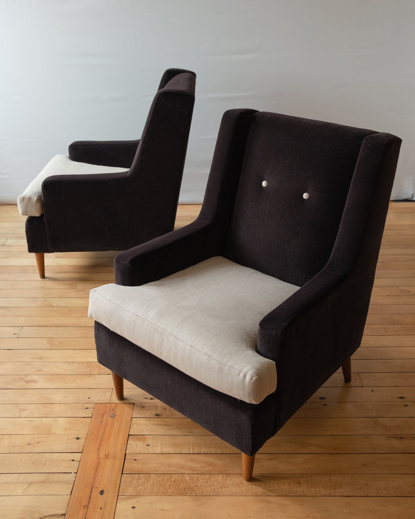 Pair of Mid-Century Black Mohair Tuxedo Armchairs with Tan Linen Seats