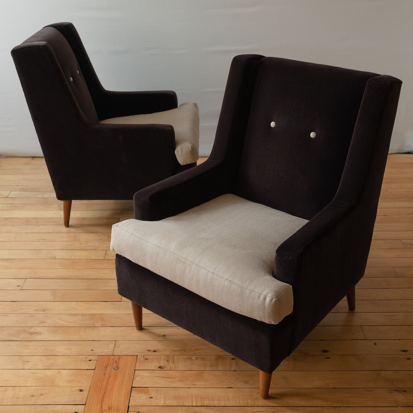 Pair of Mid-Century Black Mohair Tuxedo Armchairs with Tan Linen Seats