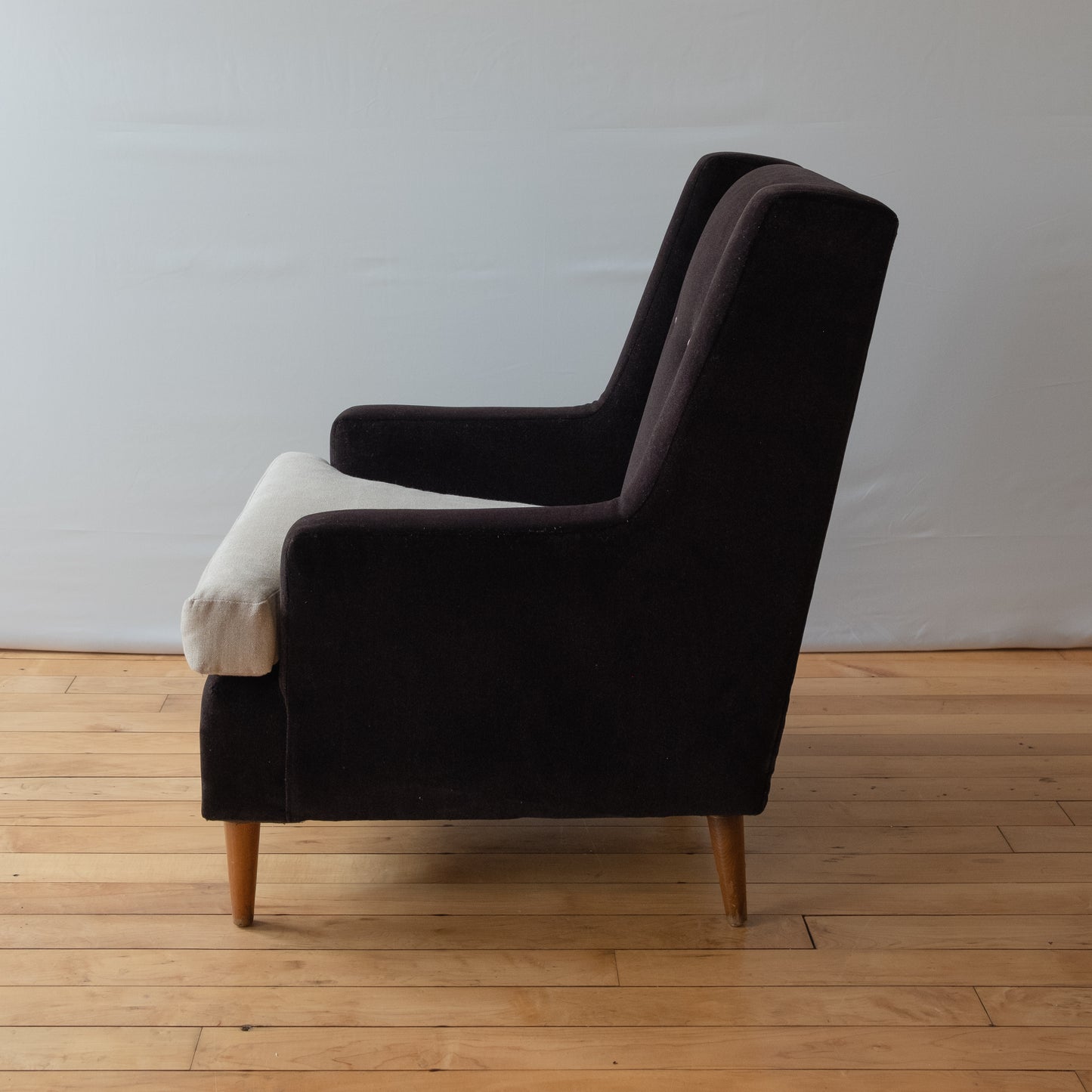 Pair of Mid-Century Black Mohair Tuxedo Armchairs with Tan Linen Seats