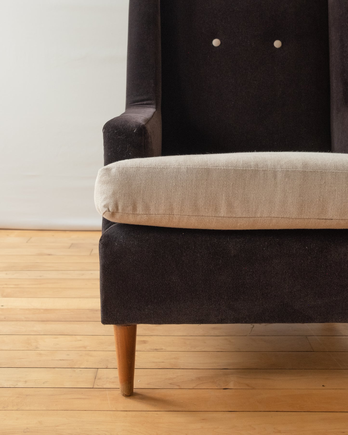 Pair of Mid-Century Black Mohair Tuxedo Armchairs with Tan Linen Seats