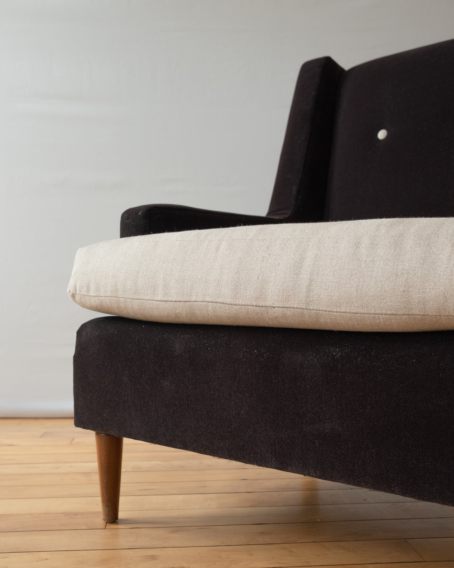 Pair of Mid-Century Black Mohair Tuxedo Armchairs with Tan Linen Seats