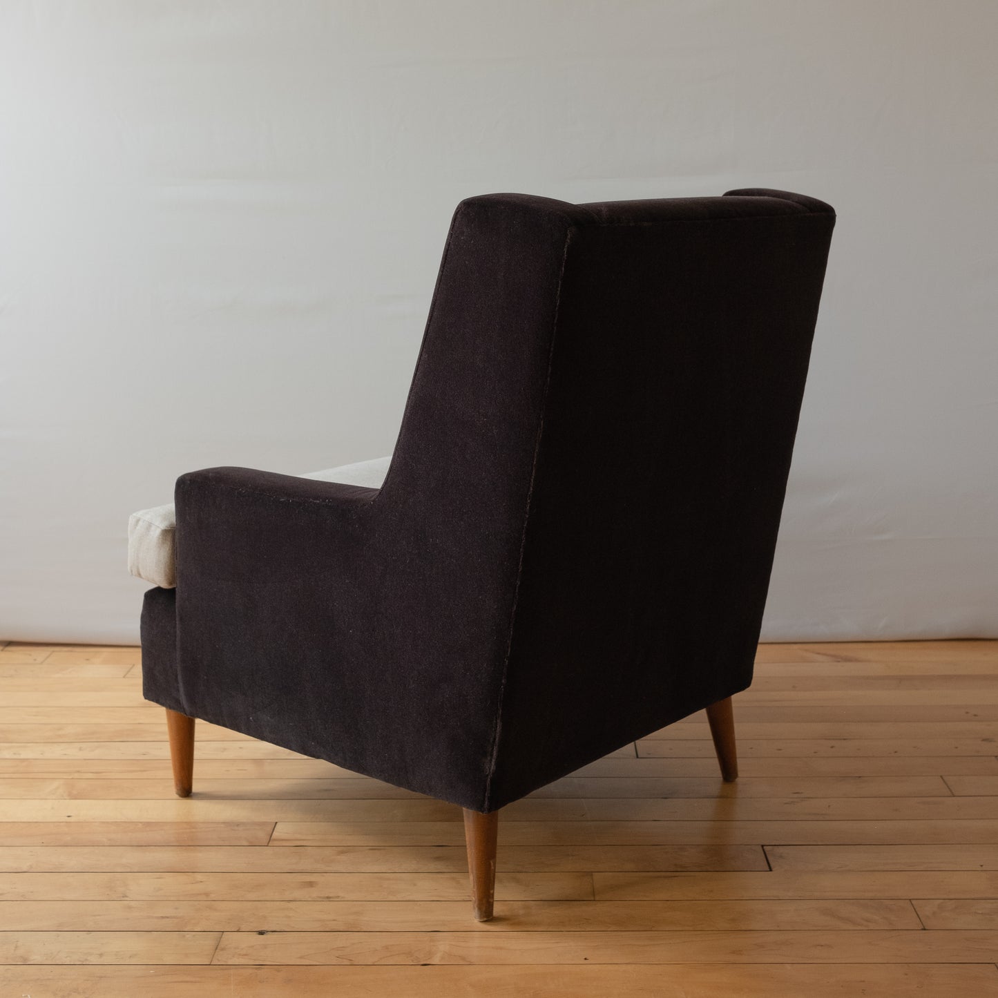 Pair of Mid-Century Black Mohair Tuxedo Armchairs with Tan Linen Seats