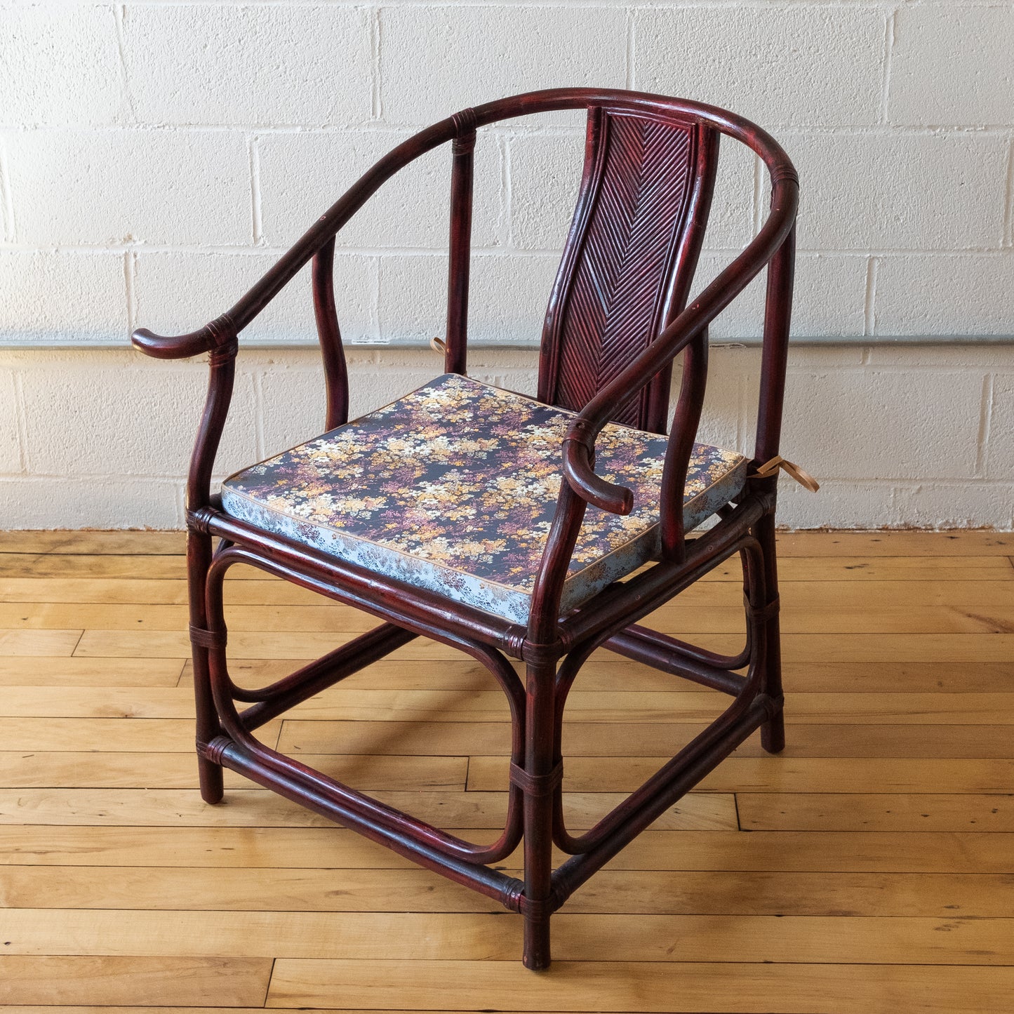 Vintage Chinoiserie Horseshoe Chairs with Blue Floral Satin Cushion (c.1970s)
