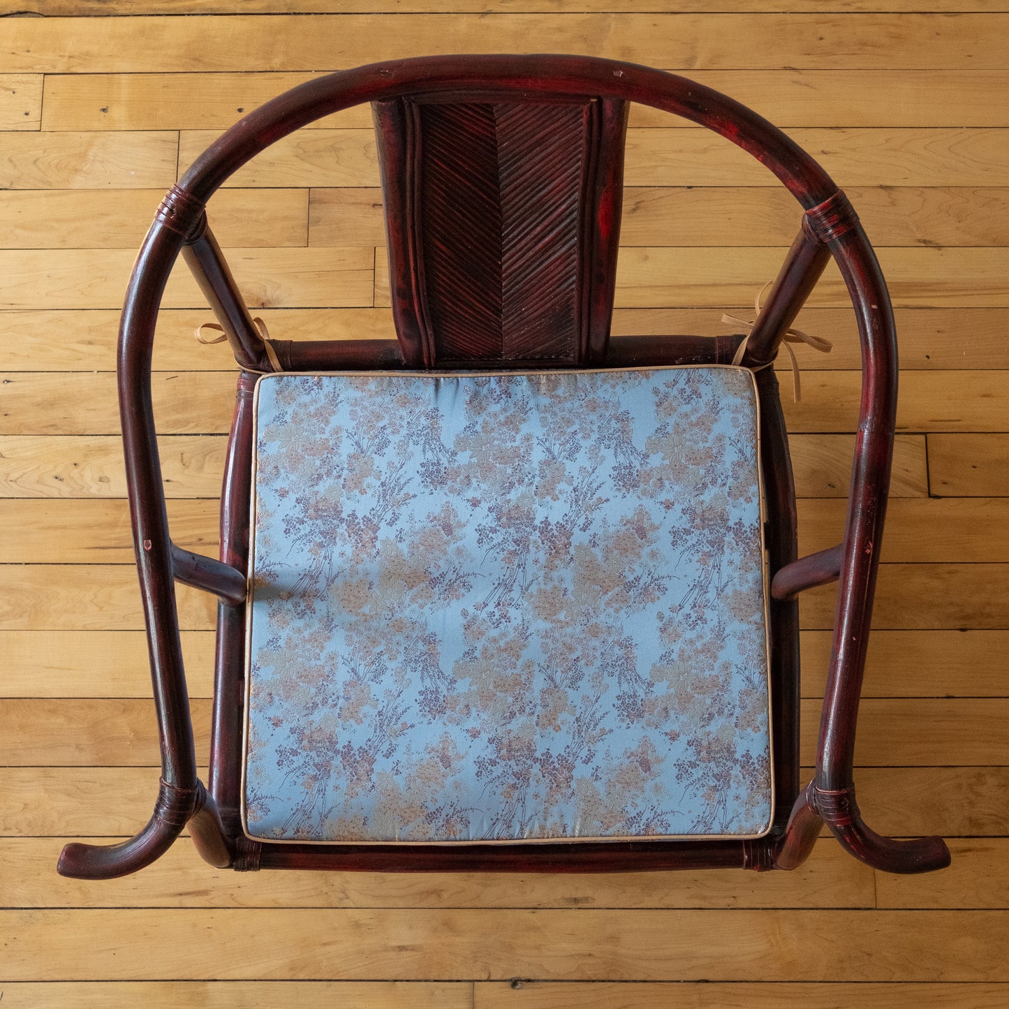 Vintage Chinoiserie Horseshoe Chairs with Blue Floral Satin Cushion (c.1970s)