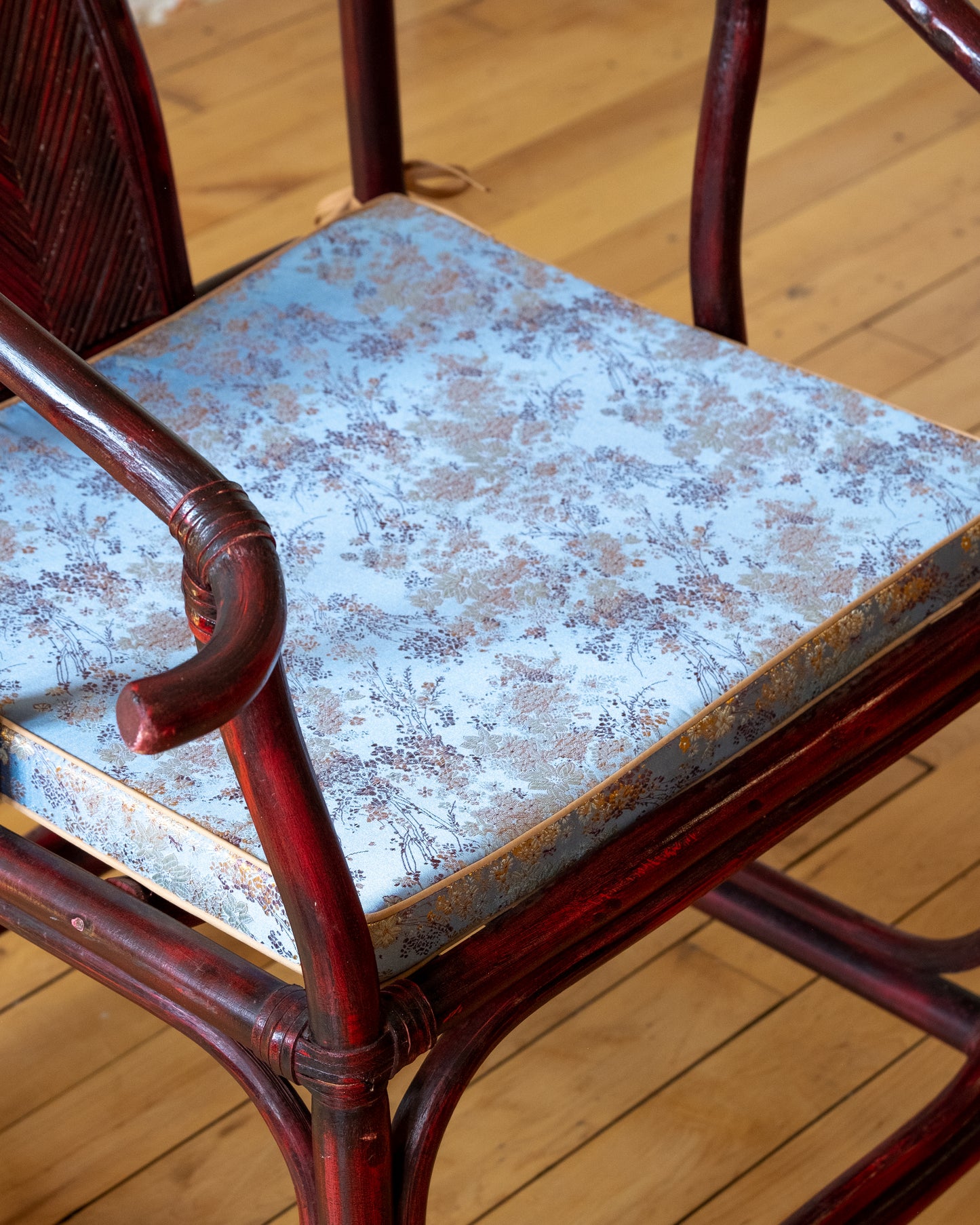 Vintage Chinoiserie Horseshoe Chairs with Blue Floral Satin Cushion (c.1970s)