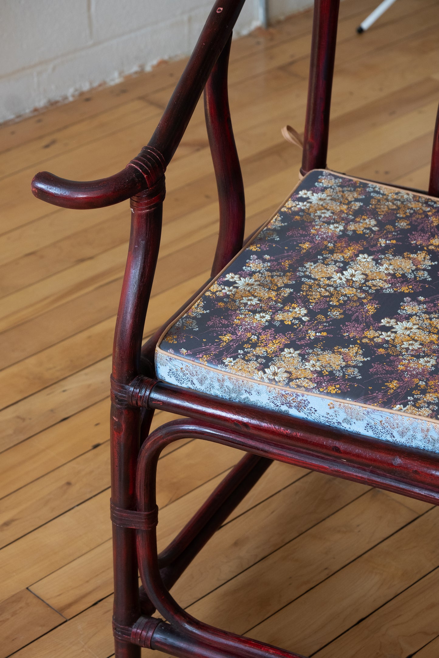 Vintage Chinoiserie Horseshoe Chairs with Blue Floral Satin Cushion (c.1970s)