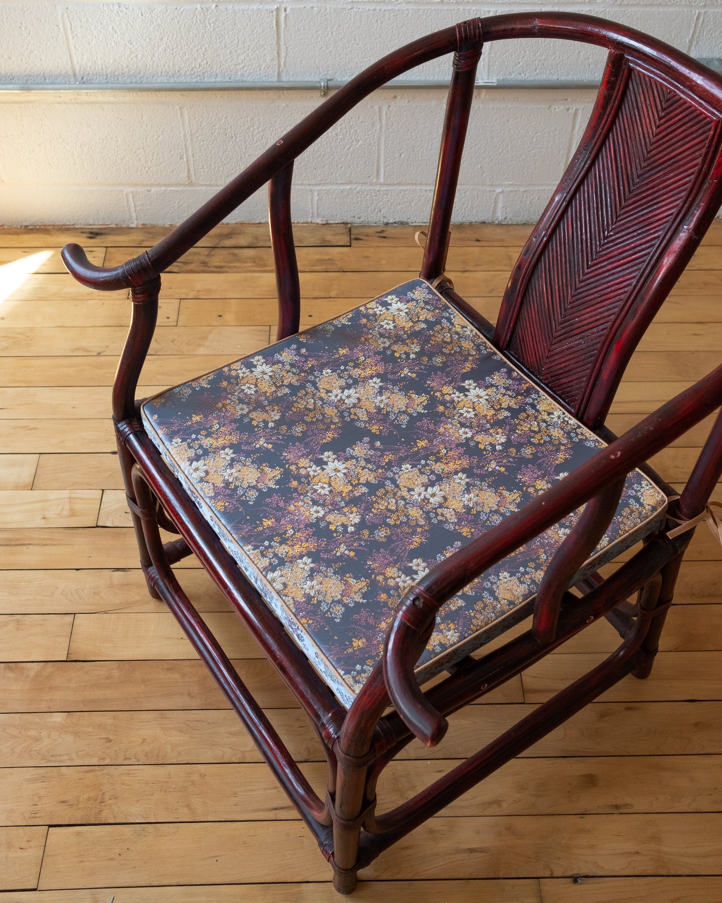 Vintage Chinoiserie Horseshoe Chairs with Blue Floral Satin Cushion (c.1970s)