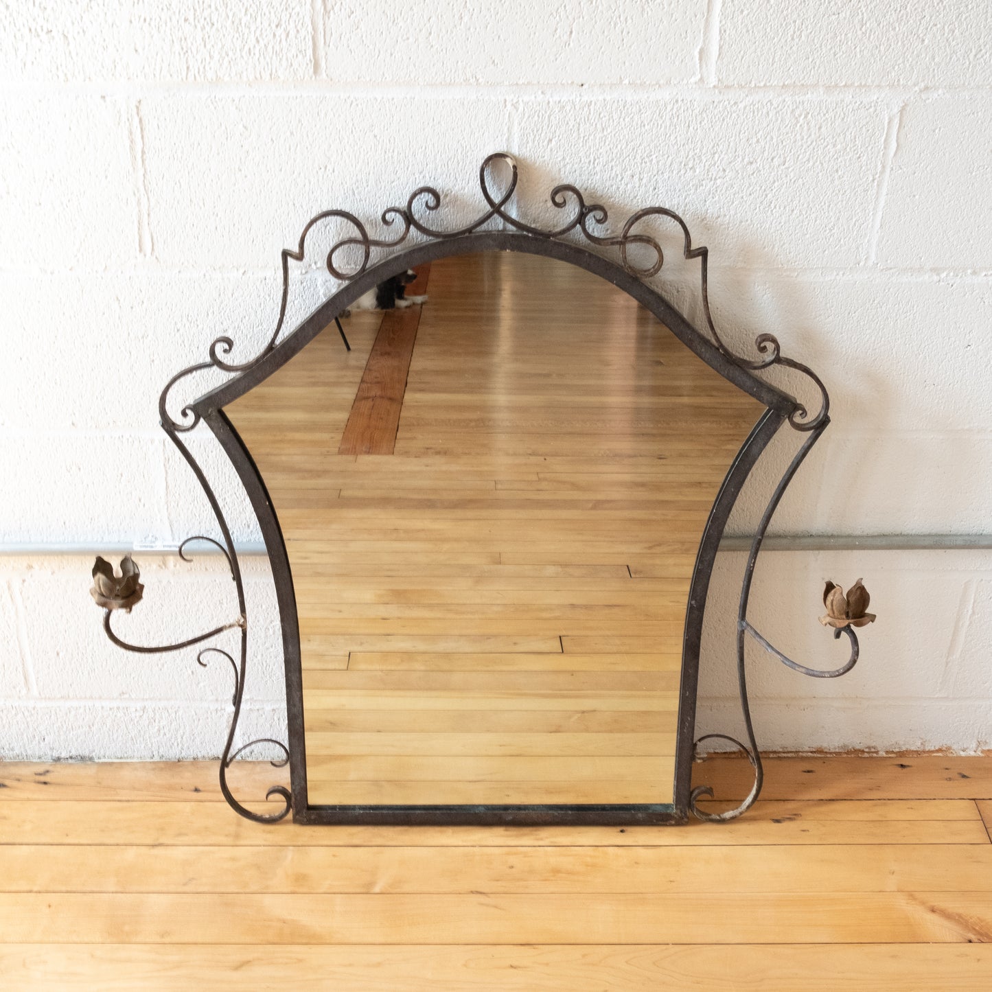 Antique Wrought Iron Mirror with Floral Candle Sconces